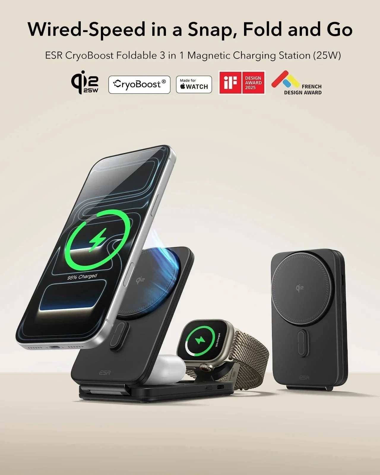 25W CryoBoost Foldable 3-in-1 Magnetic Charger and AirPods Pro 3 Pulse FlickLock Case Bundle – EU Plug-Black - Image 4