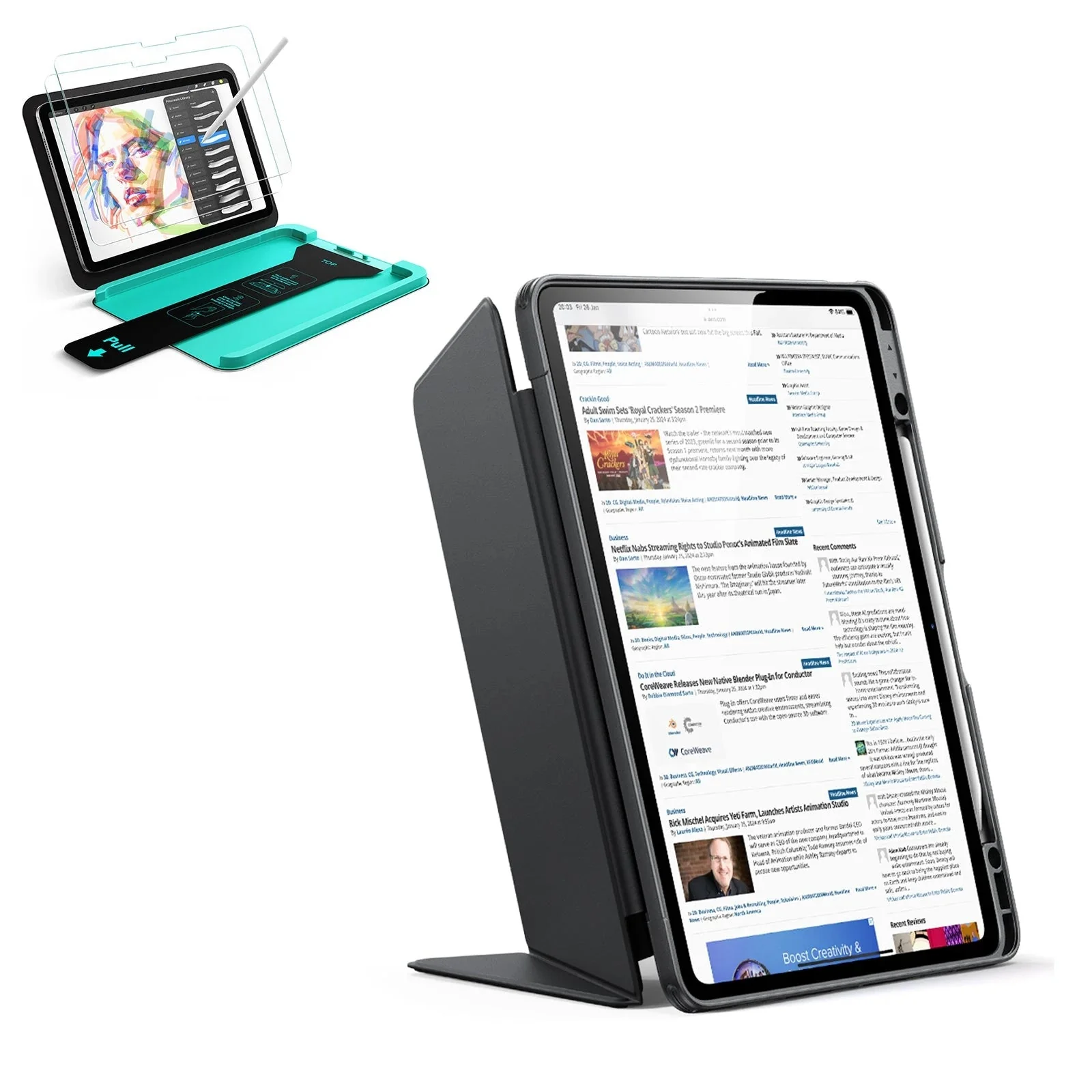 iPad Air 13" (M3) 2025 Bundle Flip Magnetic Case with Pencil Holder & Armorite® Paper-Feel Protection - Black