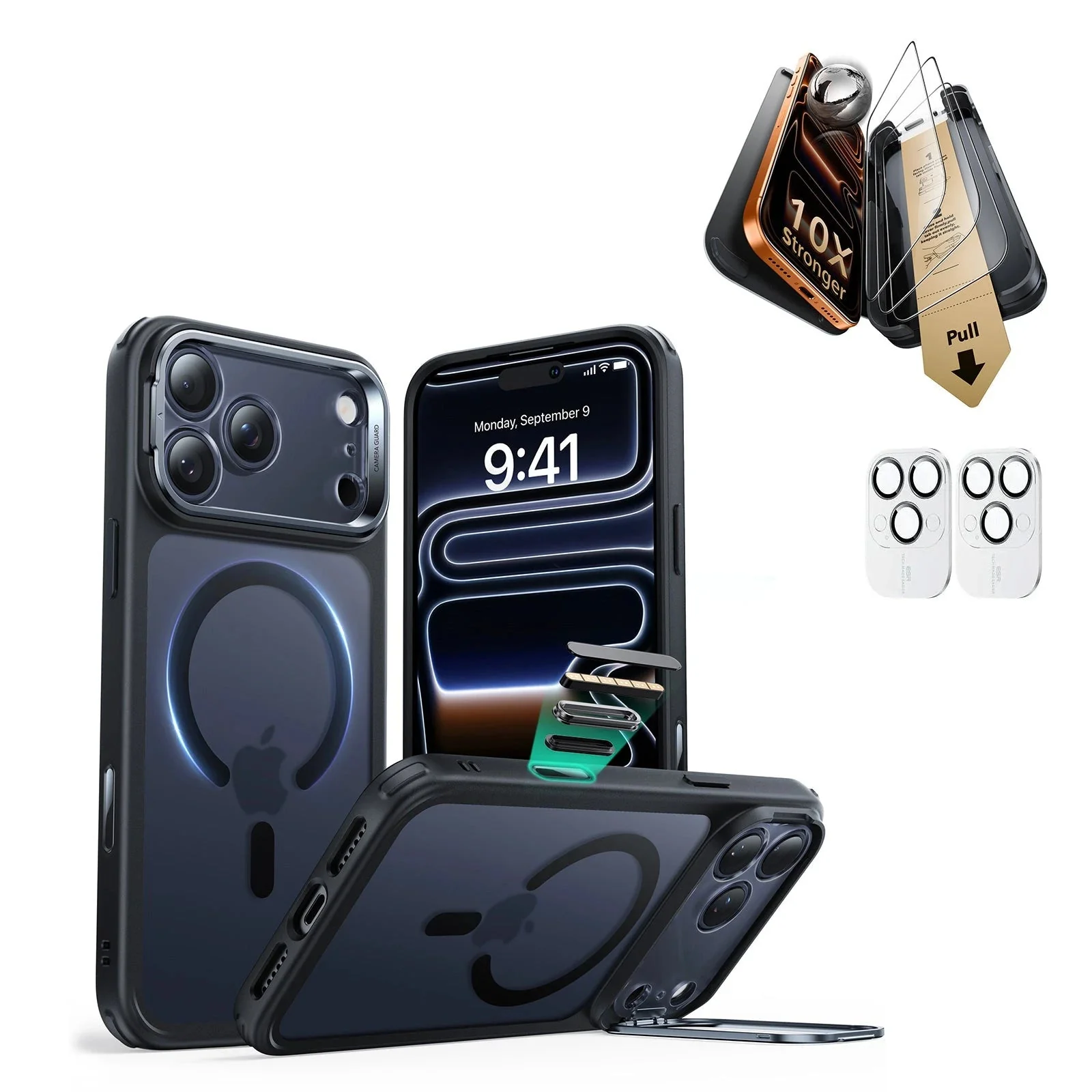 iPhone 17 Pro Bundle Classic Hybrid Magnetic Case (Camera Control, Stash Stand) and Armorite Pro Screen Protector - Frosted Black