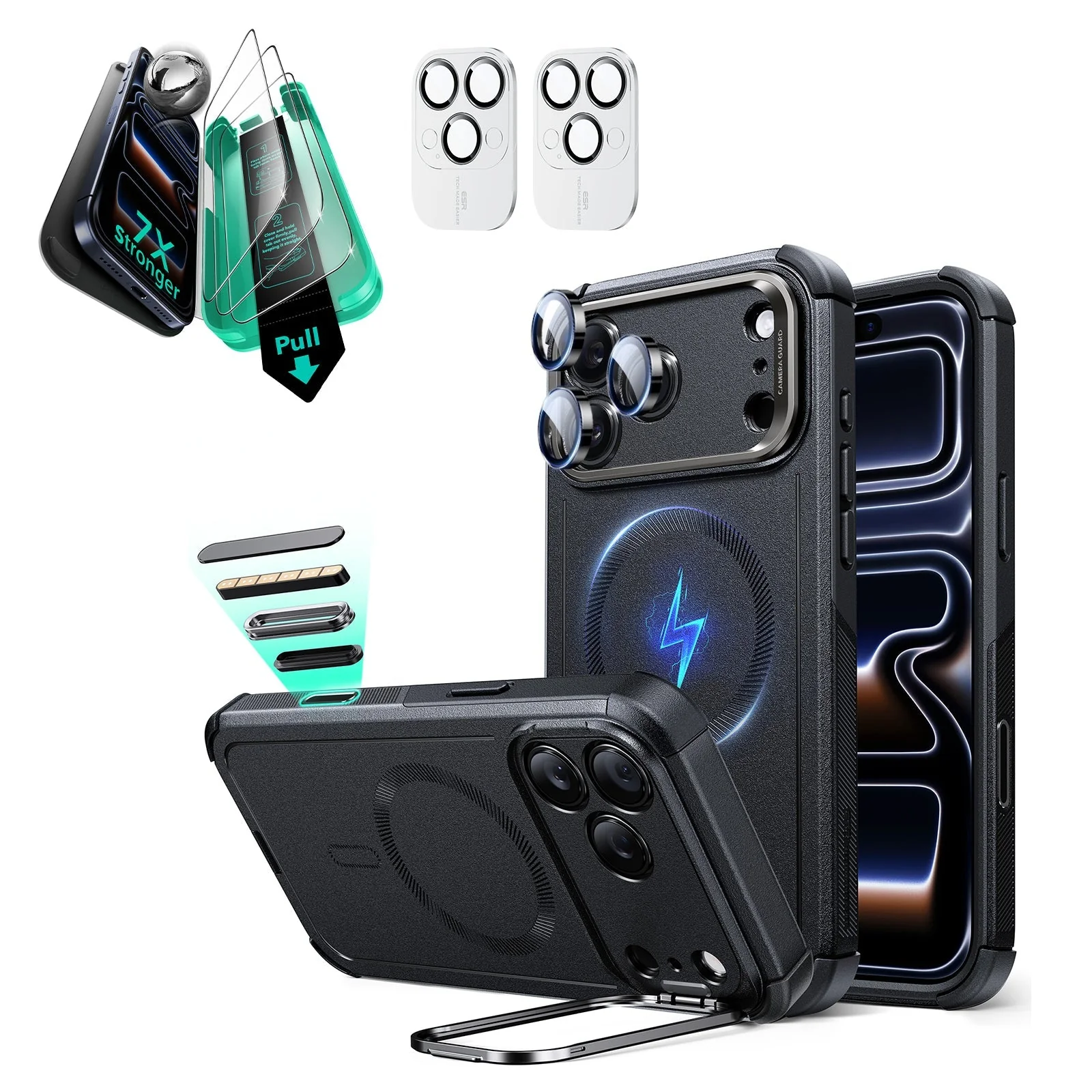 iPhone 17 Pro Max Bundle Cyber Tough Magnetic Case (Camera Control, Stash Stand) and Armorite Screen Protector - Black