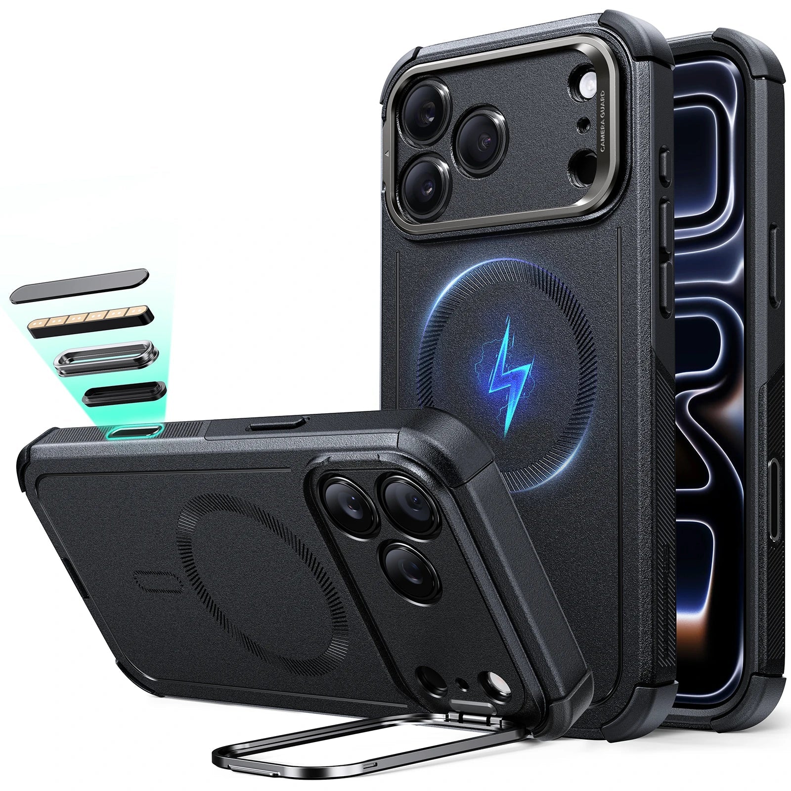 iPhone 17 Pro Max Cyber Tough Magnetic Case (Camera Control, Stash Stand) - Black