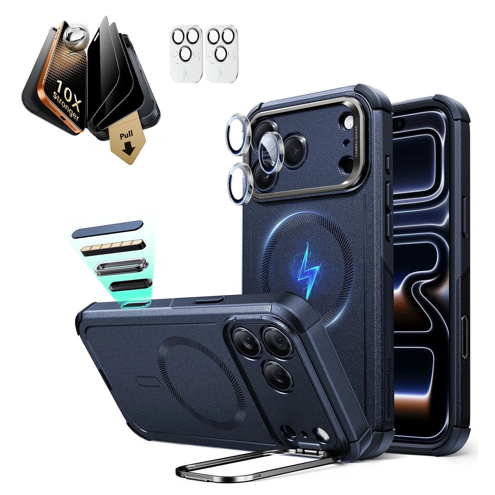 iPhone 17 Pro Bundle Cyber Tough Magnetic Case (Stash Stand) and Armorite Pro Privacy Screen Protector - Navy Blue
