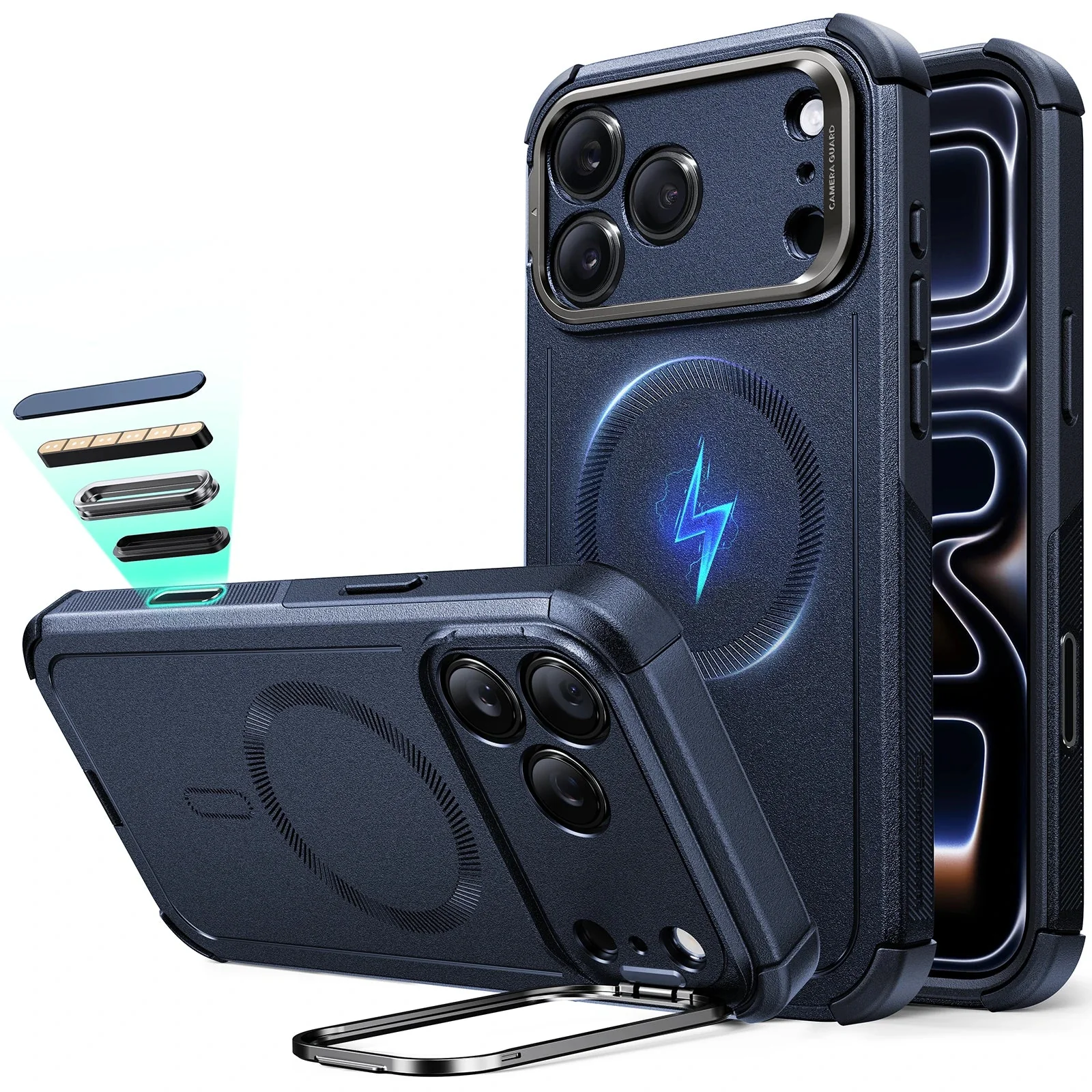 iPhone 17 Pro Max Cyber Tough Magnetic Case (Camera Control, Stash Stand) - Navy Blue
