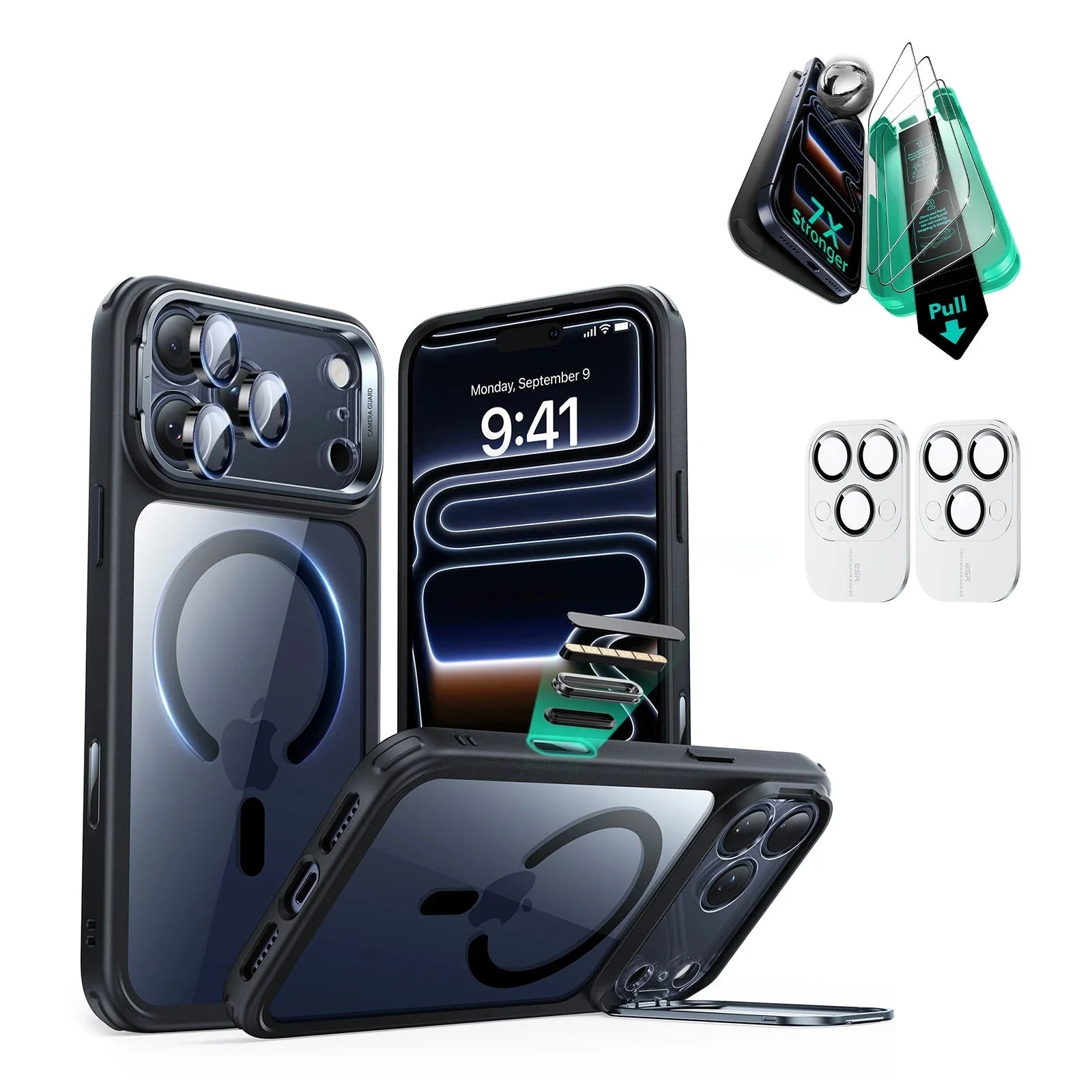 iPhone 17 Pro Max Bundle Classic Hybrid Magnetic Case (Camera Control, Stash Stand) and Armorite Screen Protector - Clear Black