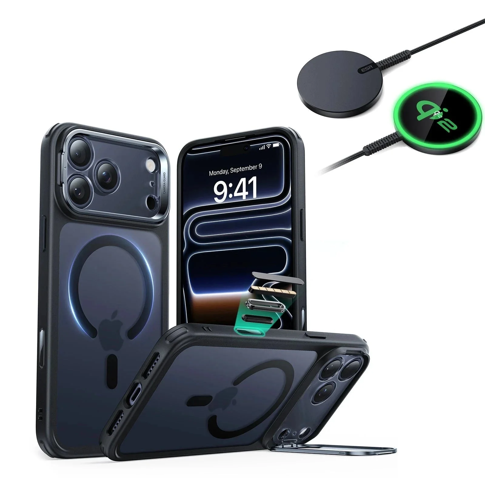 iPhone 17 Pro Bundle Classic Hybrid Magnetic Case (Camera Control, Stash Stand) and Magnetic Charging Pad (Qi2) - Frosted Black