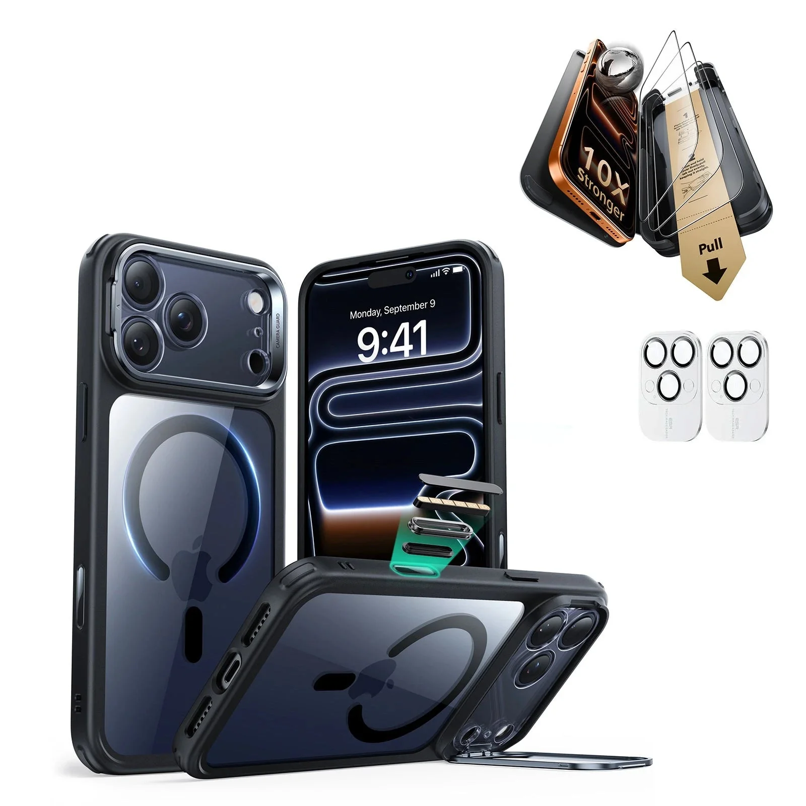 iPhone 17 Pro Max Bundle Classic Hybrid Magnetic Case (Camera Control, Stash Stand) and Armorite Pro Screen Protector - Clear Black
