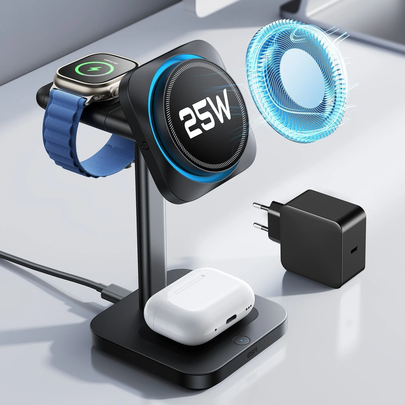 CryoBoost 3-in-1 Magnetic Charging Station (25W, Qi2.2)  - EU Plug–Black - Image 10