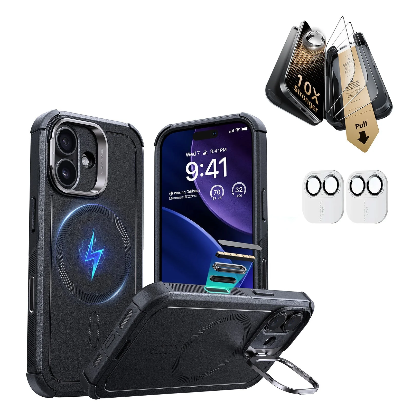 iPhone 17 Bundle Cyber Tough Magnetic Case (Camera Control, Stash Stand) and Armorite Pro Screen Protector - Black