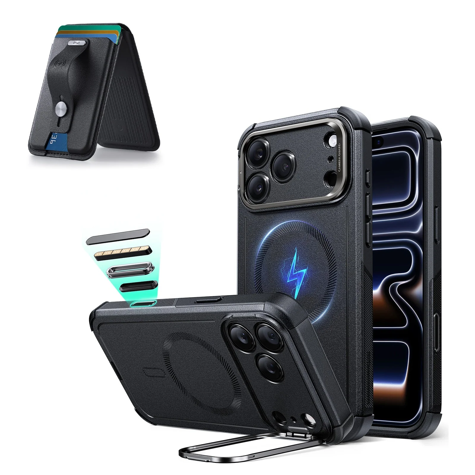 iPhone 17 Pro Cyber Tough Magnetic Case (Camera Control, Stash Stand) with Wallet Stand Bundle - Black