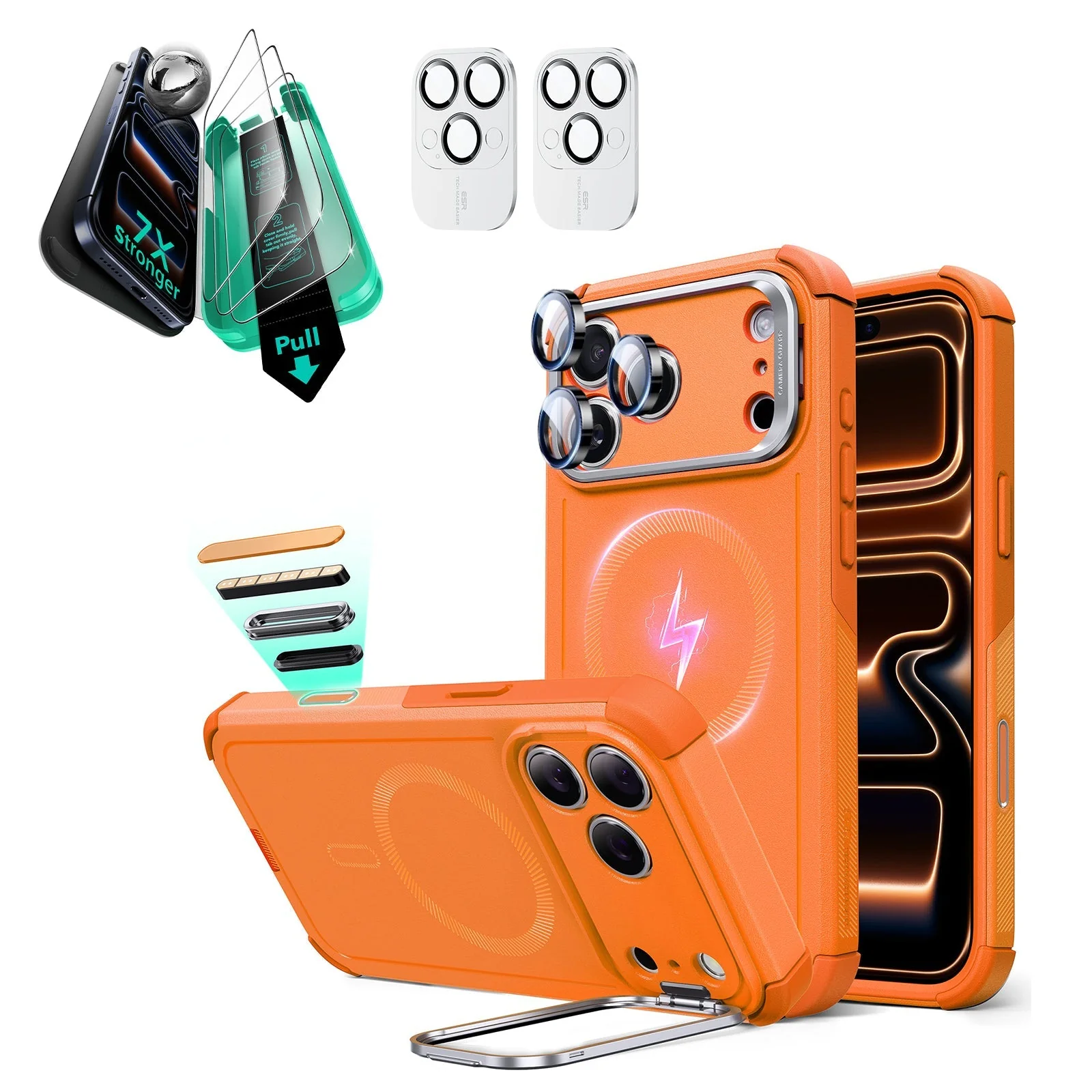 iPhone 17 Pro Max Bundle Cyber Tough Magnetic Case (Camera Control, Stash Stand) and Armorite Screen Protector - Orange