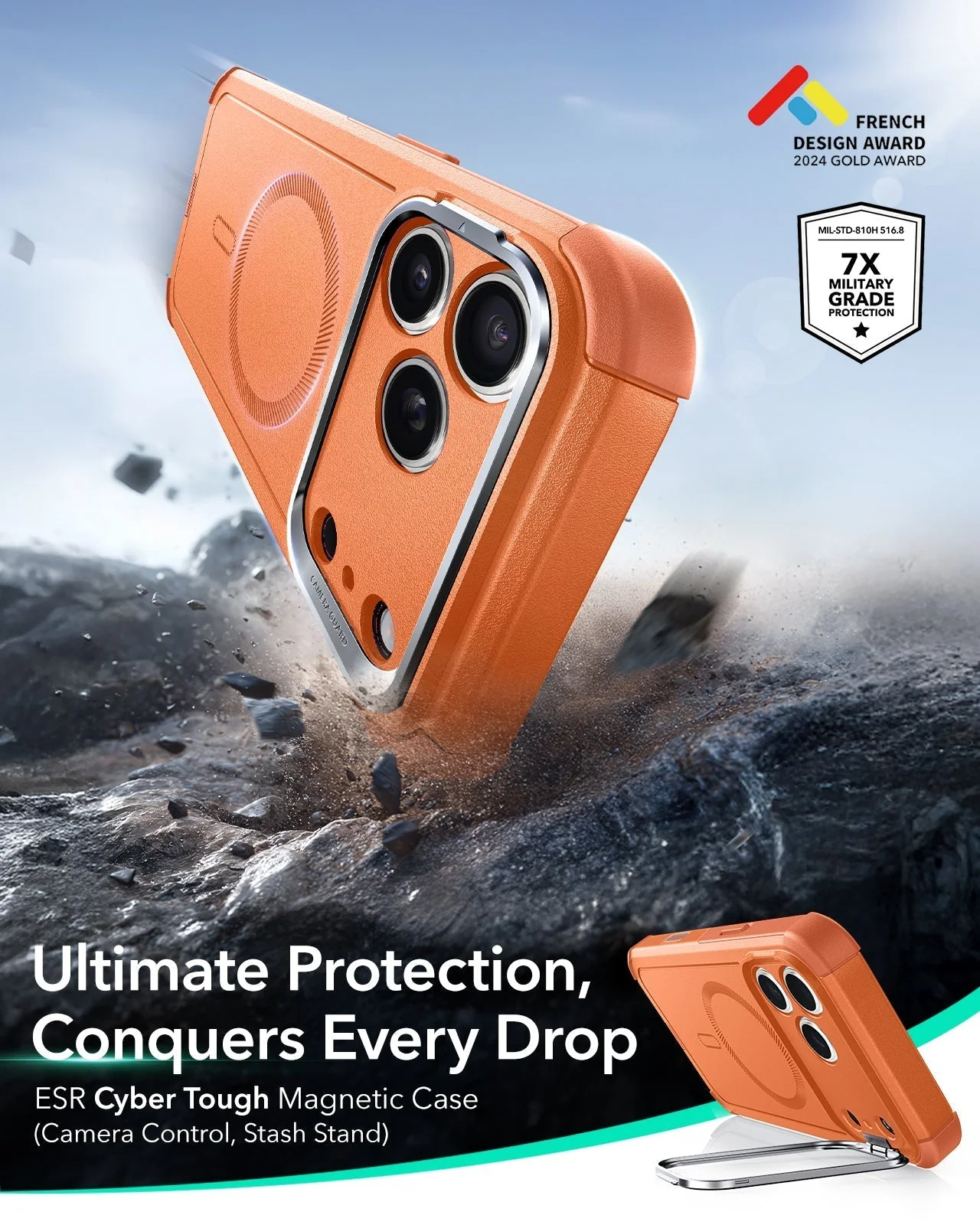 iPhone 17 Pro Max Bundle Cyber Tough Magnetic Case (Camera Control, Stash Stand) and Armorite Screen Protector - Orange - Image 4