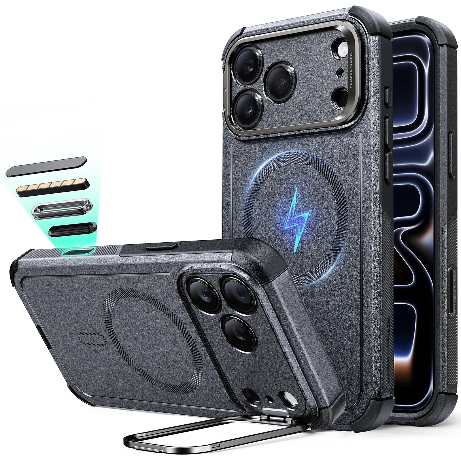 iPhone 17 Pro Max Cyber Tough Magnetic Case (Camera Control, Stash Stand) - Space Gray