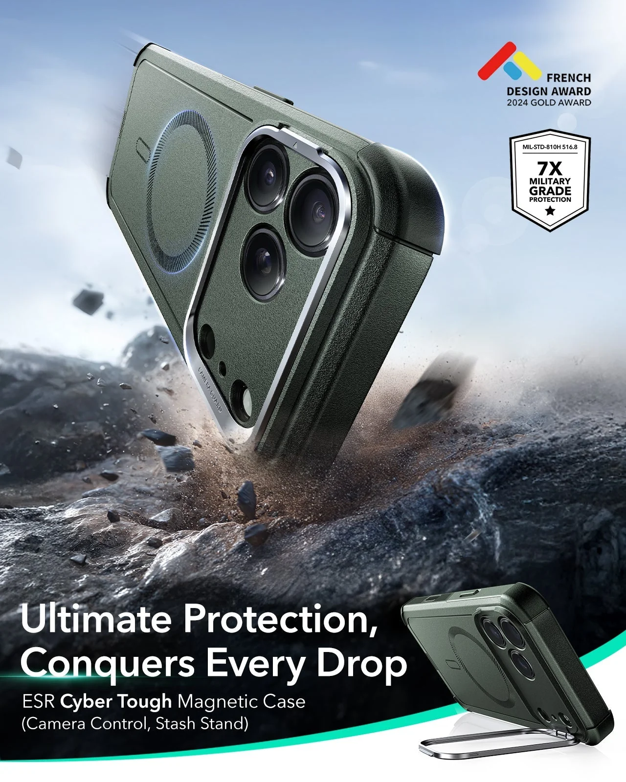 iPhone 17 Pro Max Cyber Tough Magnetic Case (Camera Control, Stash Stand) - Olive Green - Image 2