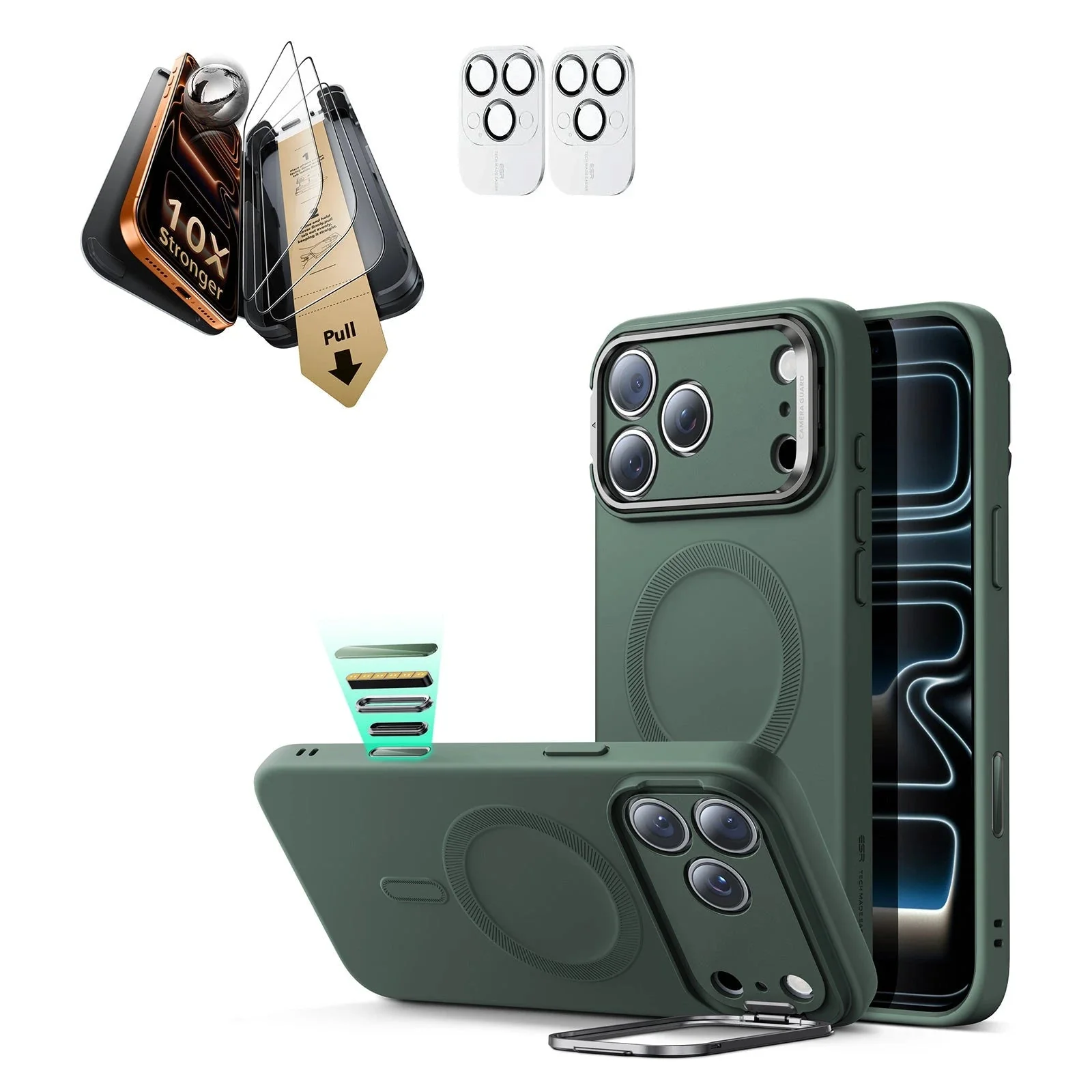 iPhone 17 Pro Max Bundle Cloud Soft Magnetic Case (Camera Control, Stash Stand) and Armorite Pro Screen Protector - Olive Green