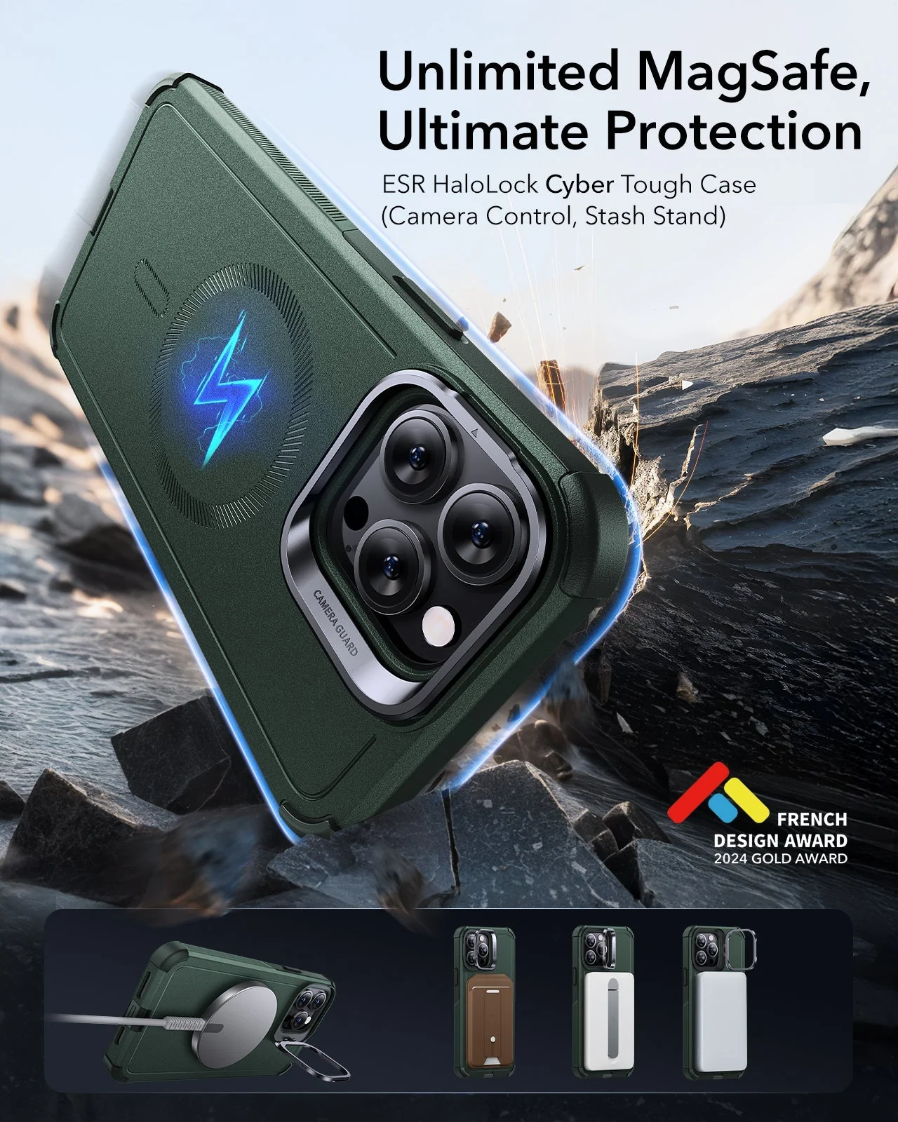iPhone 13 Pro Cyber Tough Magnetic Case (Stash Stand) - Green - Image 2
