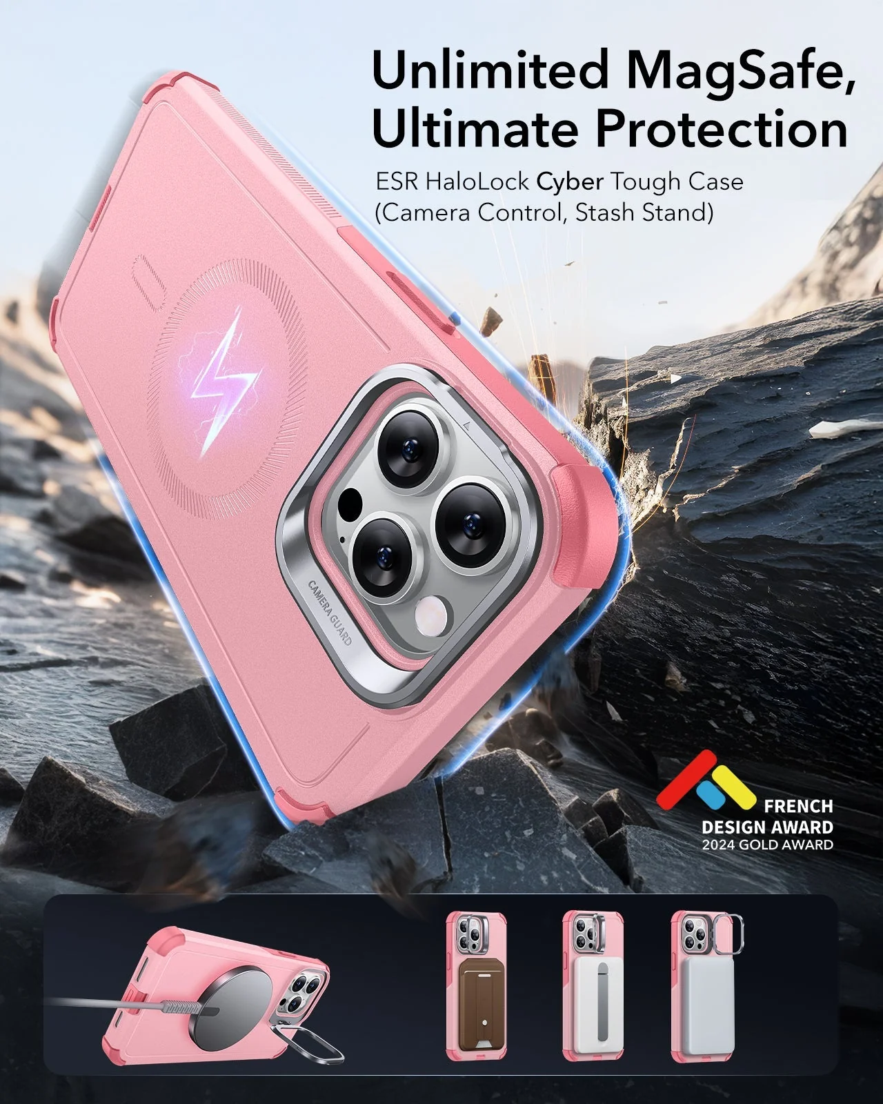 iPhone 13 Pro Cyber Tough Magnetic Case (Stash Stand) - Pink - Image 2