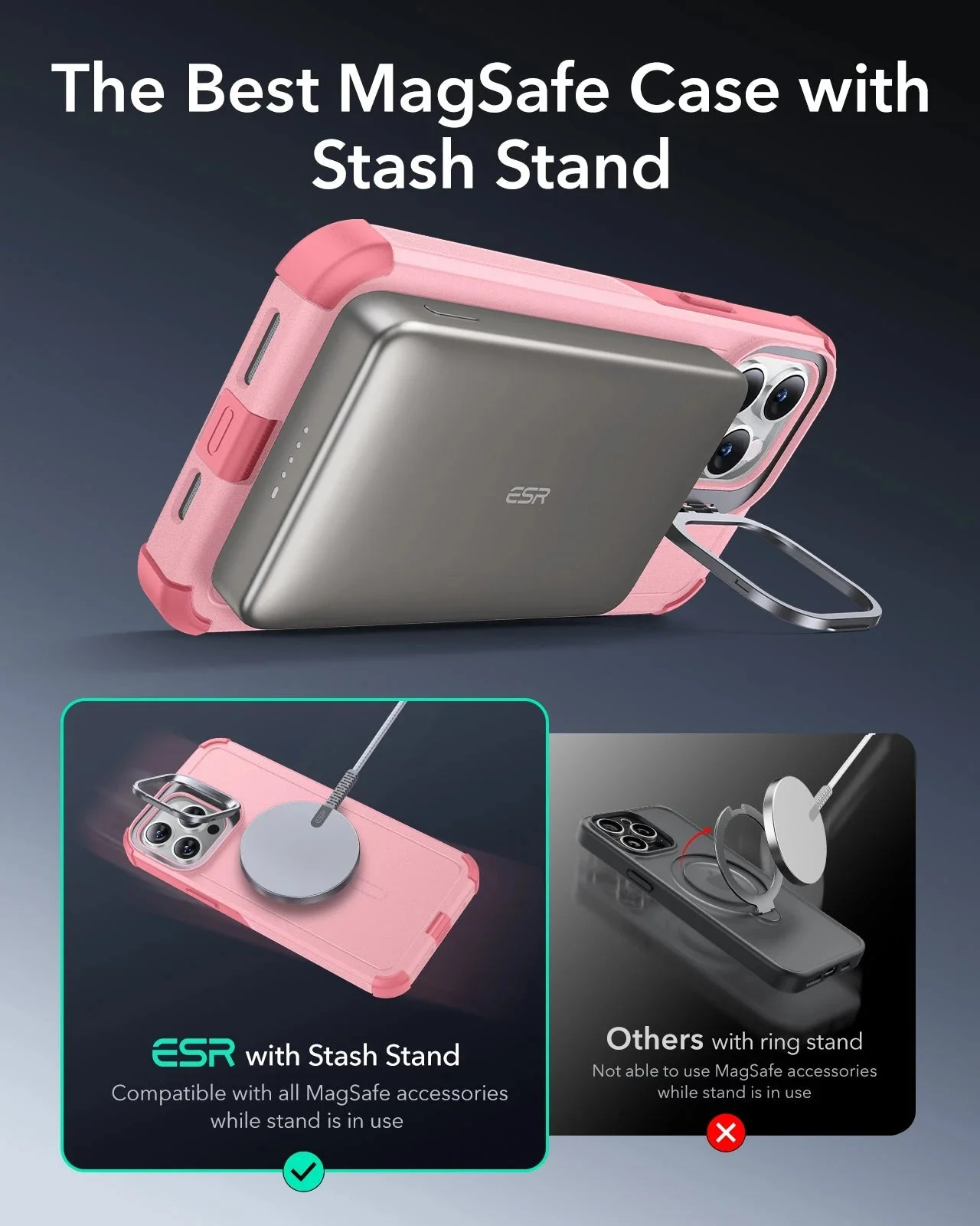 iPhone 13 Pro Cyber Tough Magnetic Case (Stash Stand) - Pink - Image 4
