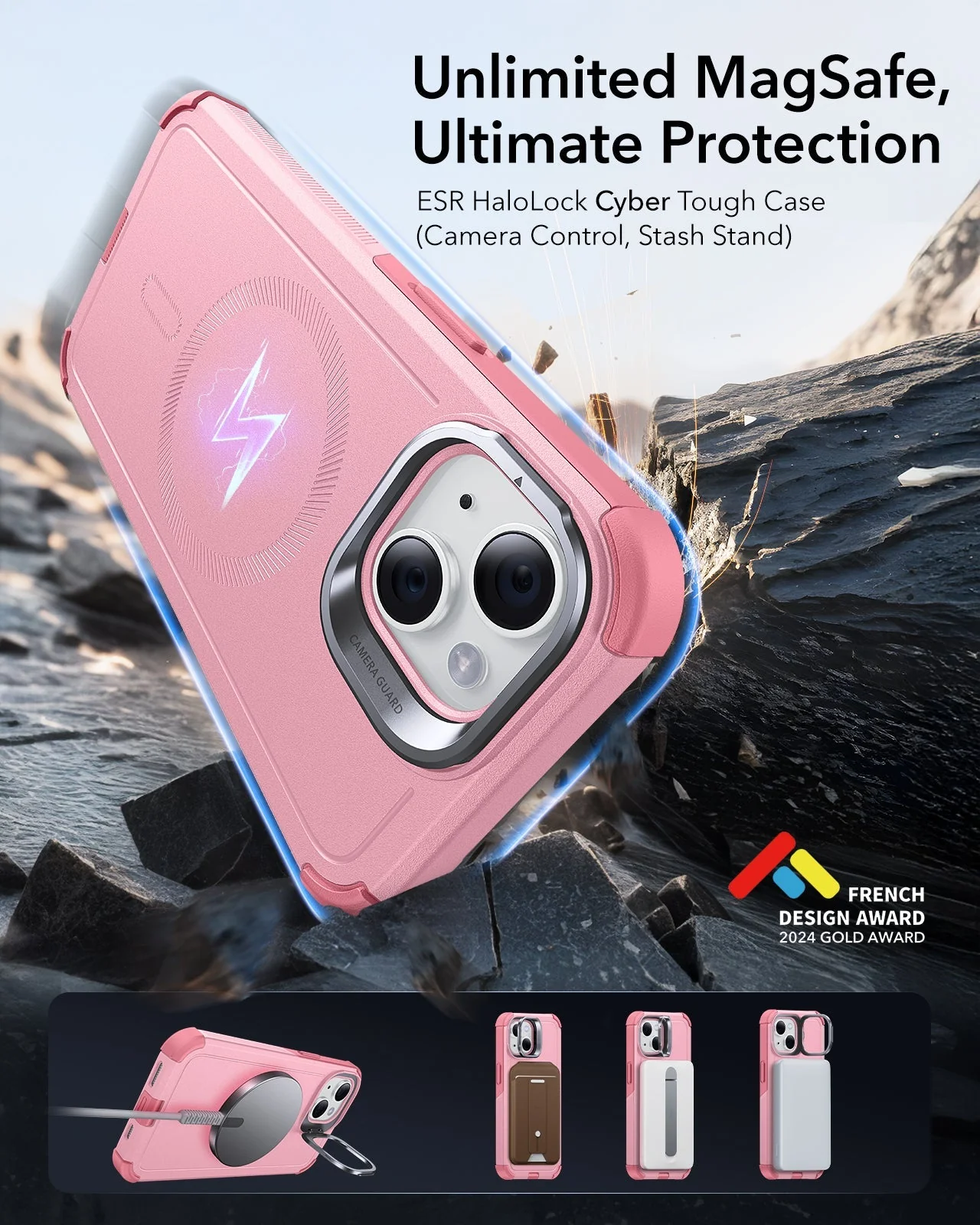 iPhone 14/13 Cyber Tough Magnetic Case (Stash Stand) - Pink - Image 2