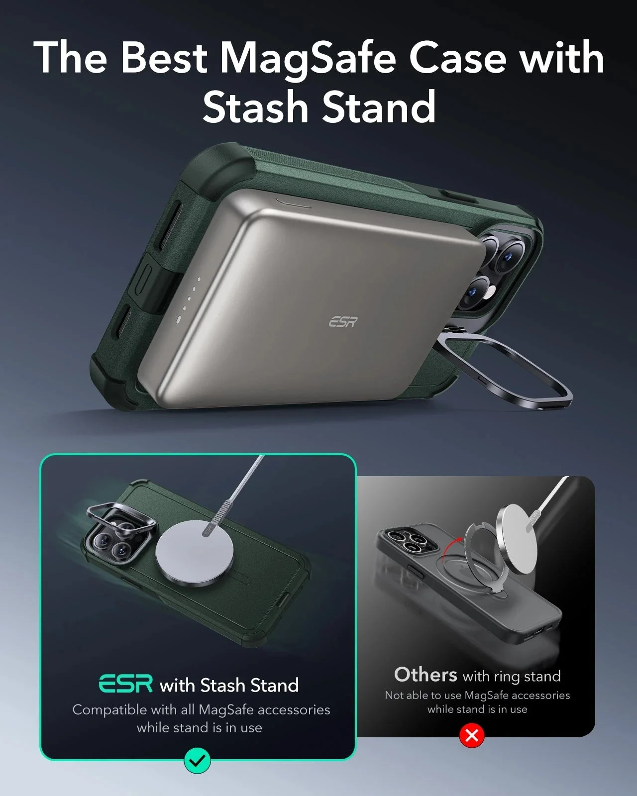 iPhone 14 Pro Cyber Tough Magnetic Case (Stash Stand) - Green - Image 4