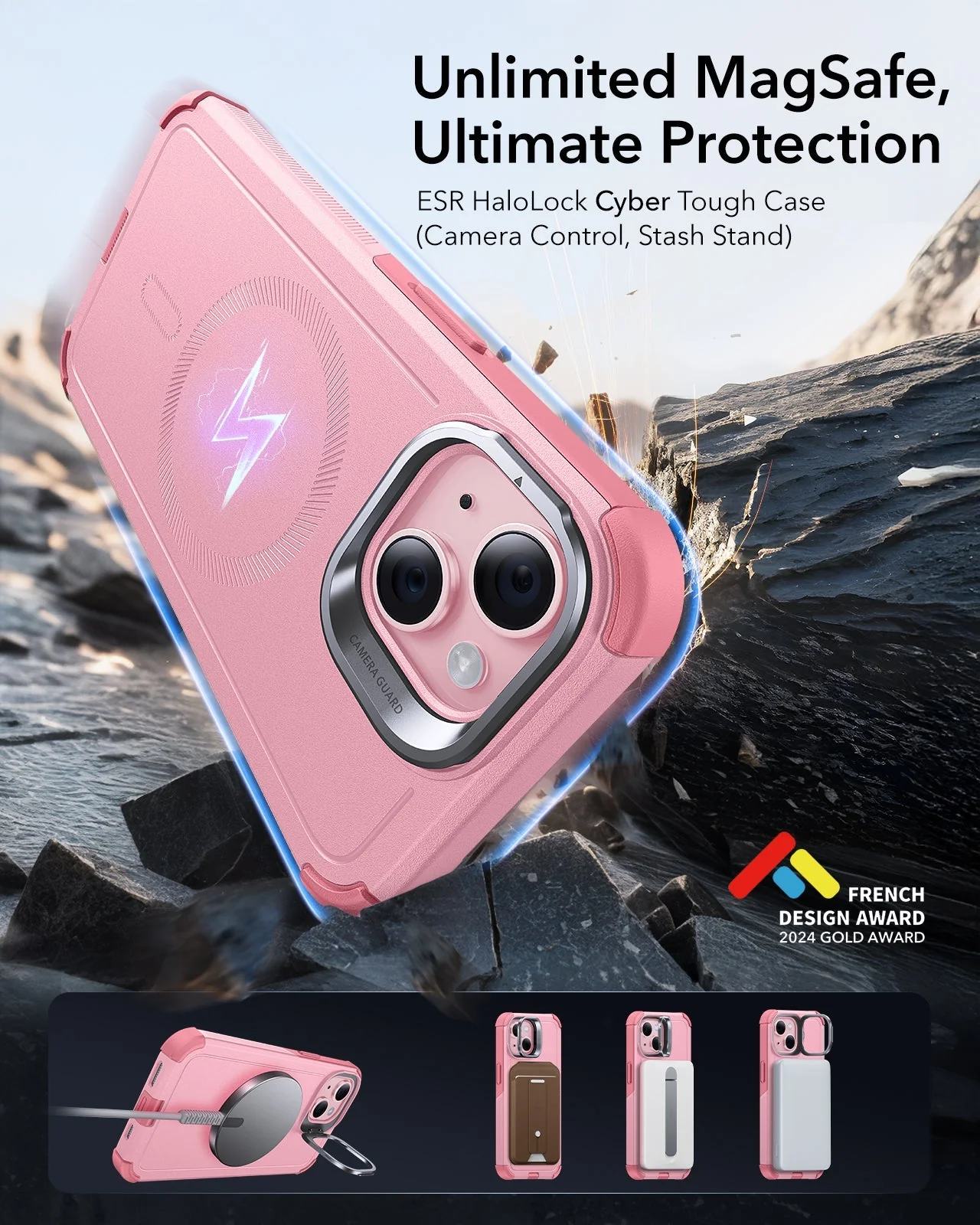 iPhone 15 Cyber Tough Magnetic Case with Stash Stand - Pink - Image 3