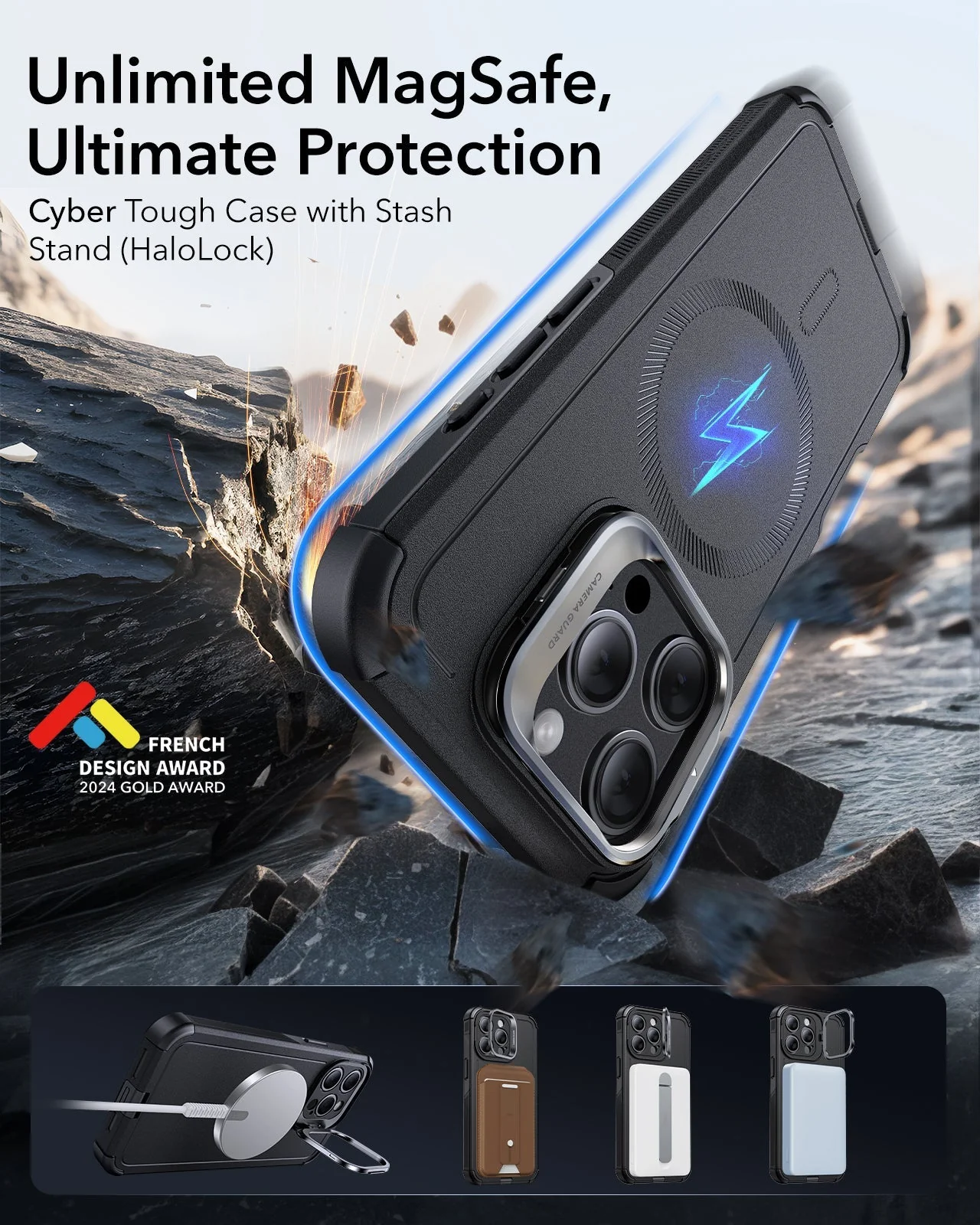 iPhone 15 Pro Cyber Tough Case with Stash Stand (HaloLock) - Black - Image 2