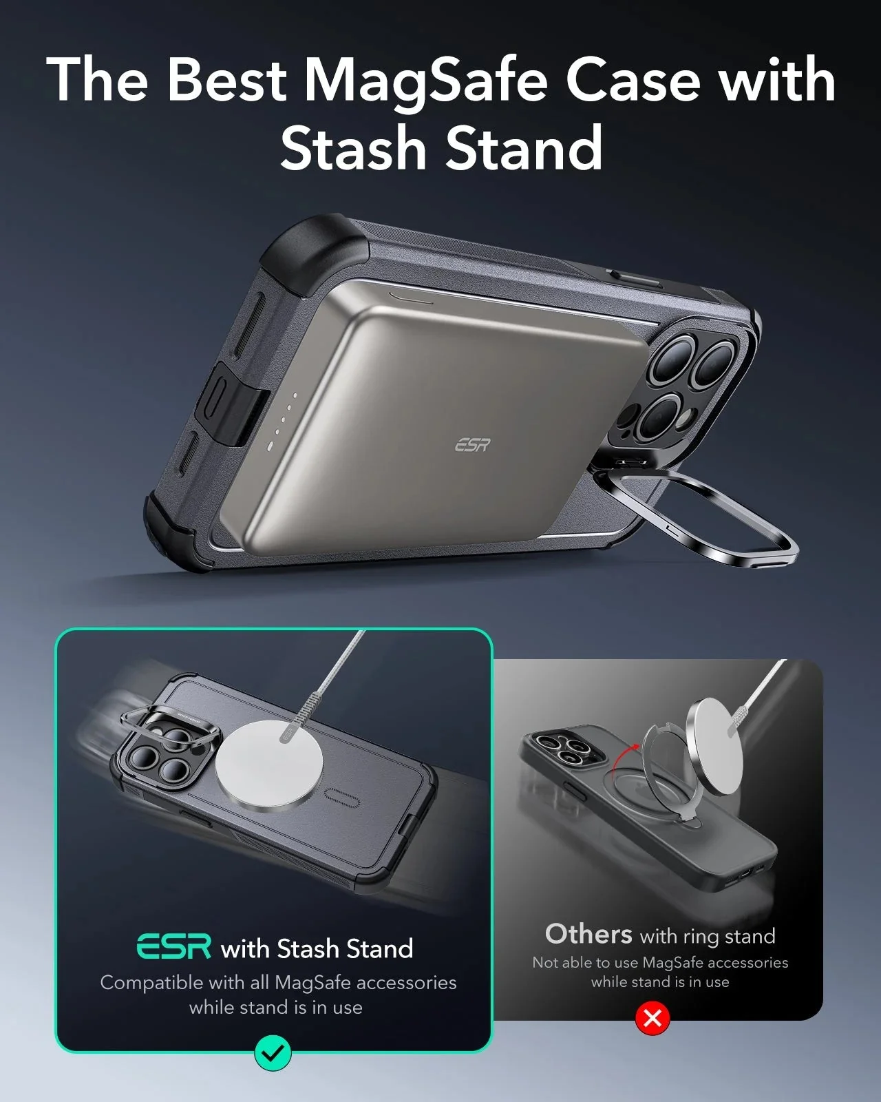 iPhone 15 Pro Cyber Tough Case with Stash Stand (HaloLock) - Gray - Image 4