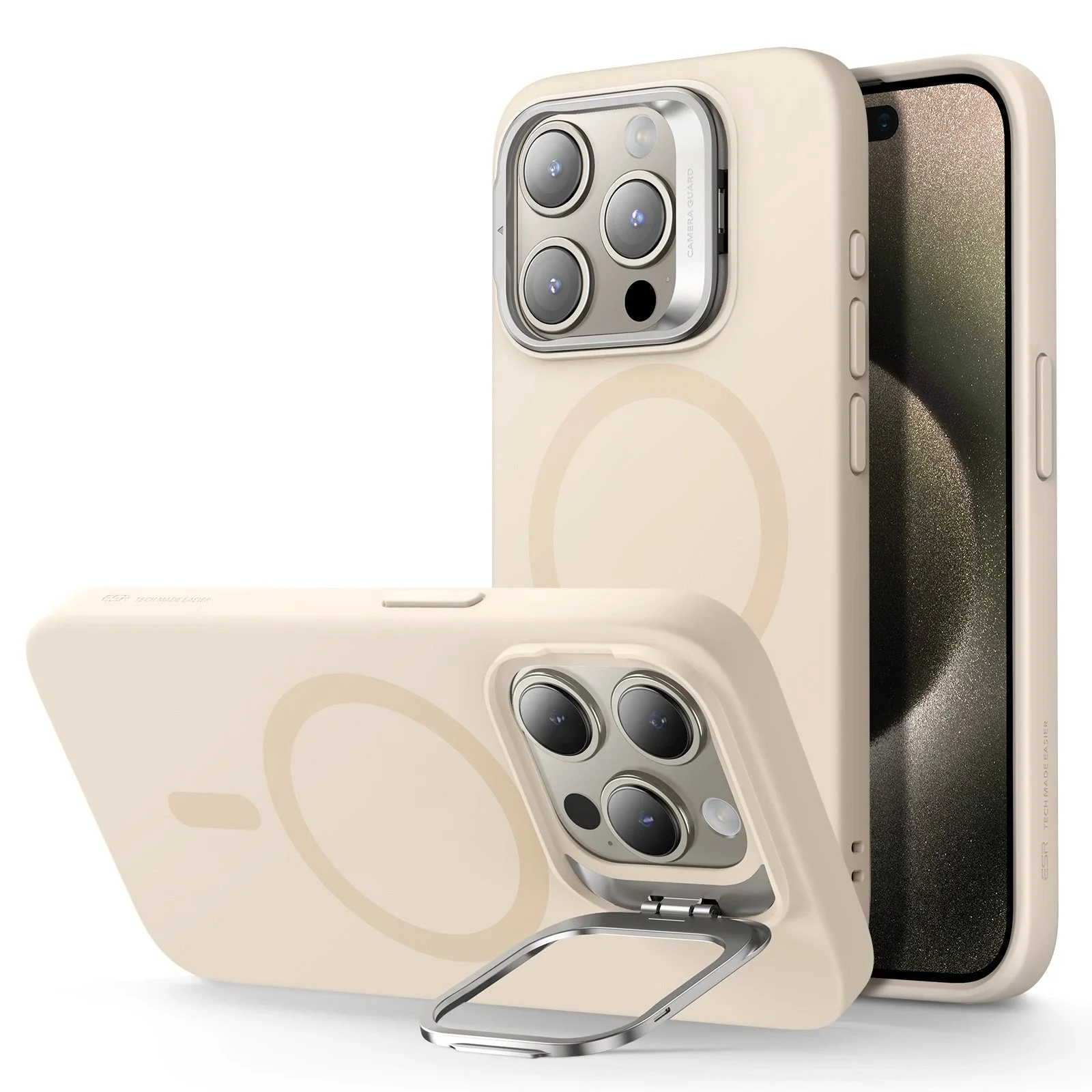 iPhone 15 Pro Max Cloud Soft Case with Stash Stand (HaloLock) - Light Tan
