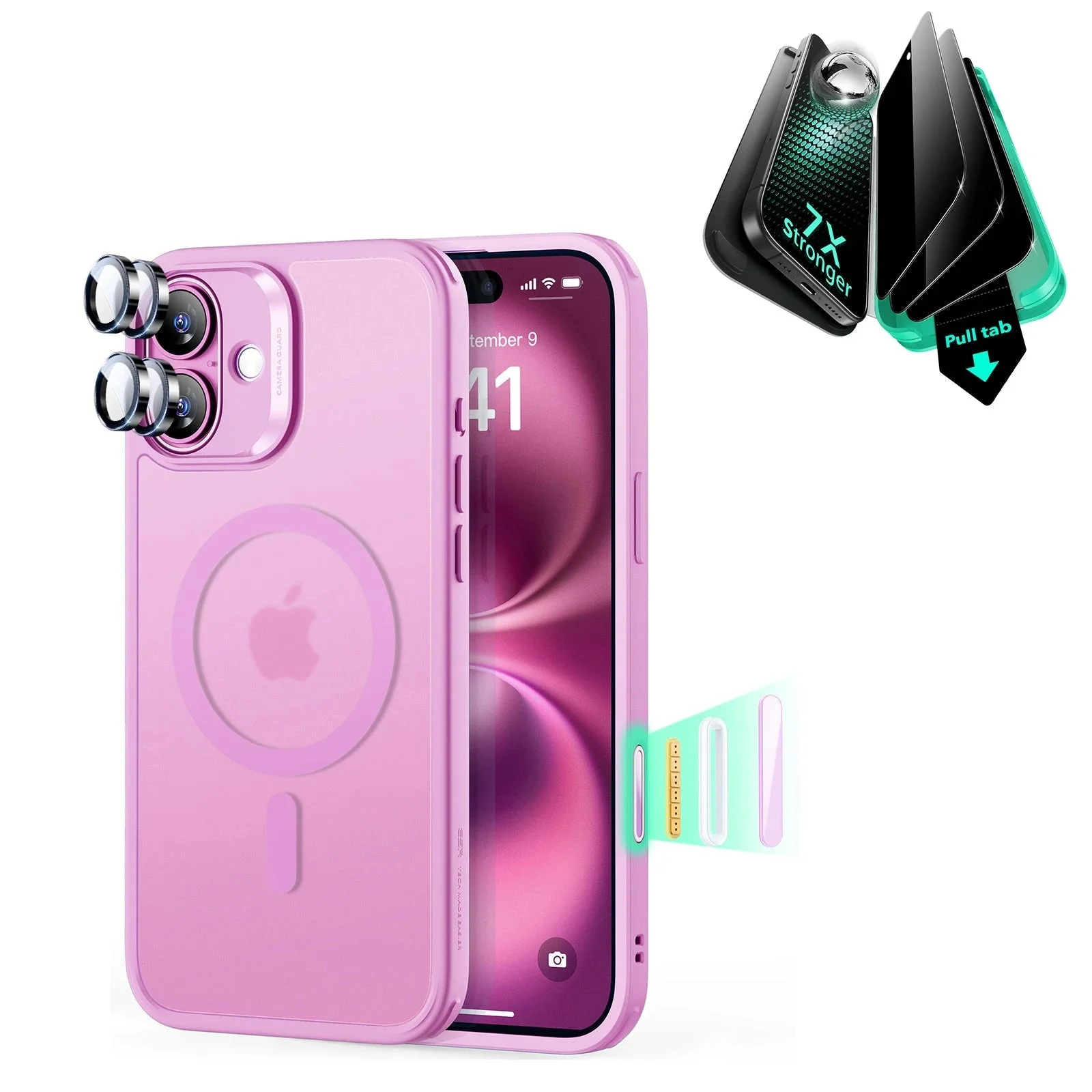 iPhone 16 Classic Hybrid Magnetic Case (Camera Control) & Privacy Screen Protector Bundle - Frosted Pink