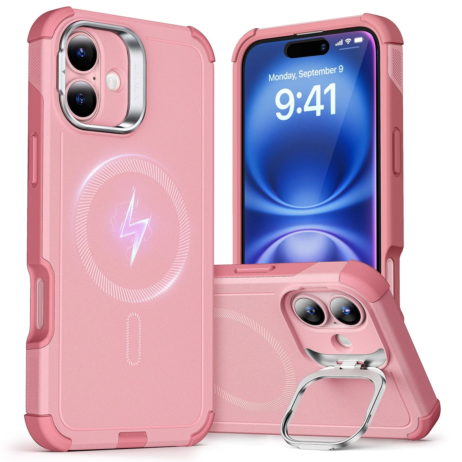 iPhone 16 Cyber Tough Case with Stash Stand (HaloLock) - Pink