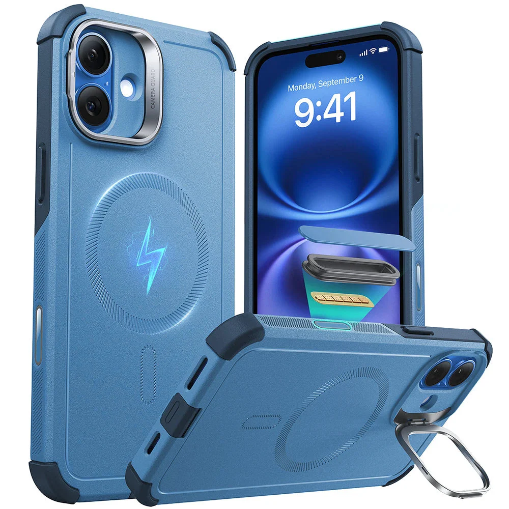 iPhone 16 Cyber Tough Magnetic Case (Camera Control, Stash Stand) - Light Blue
