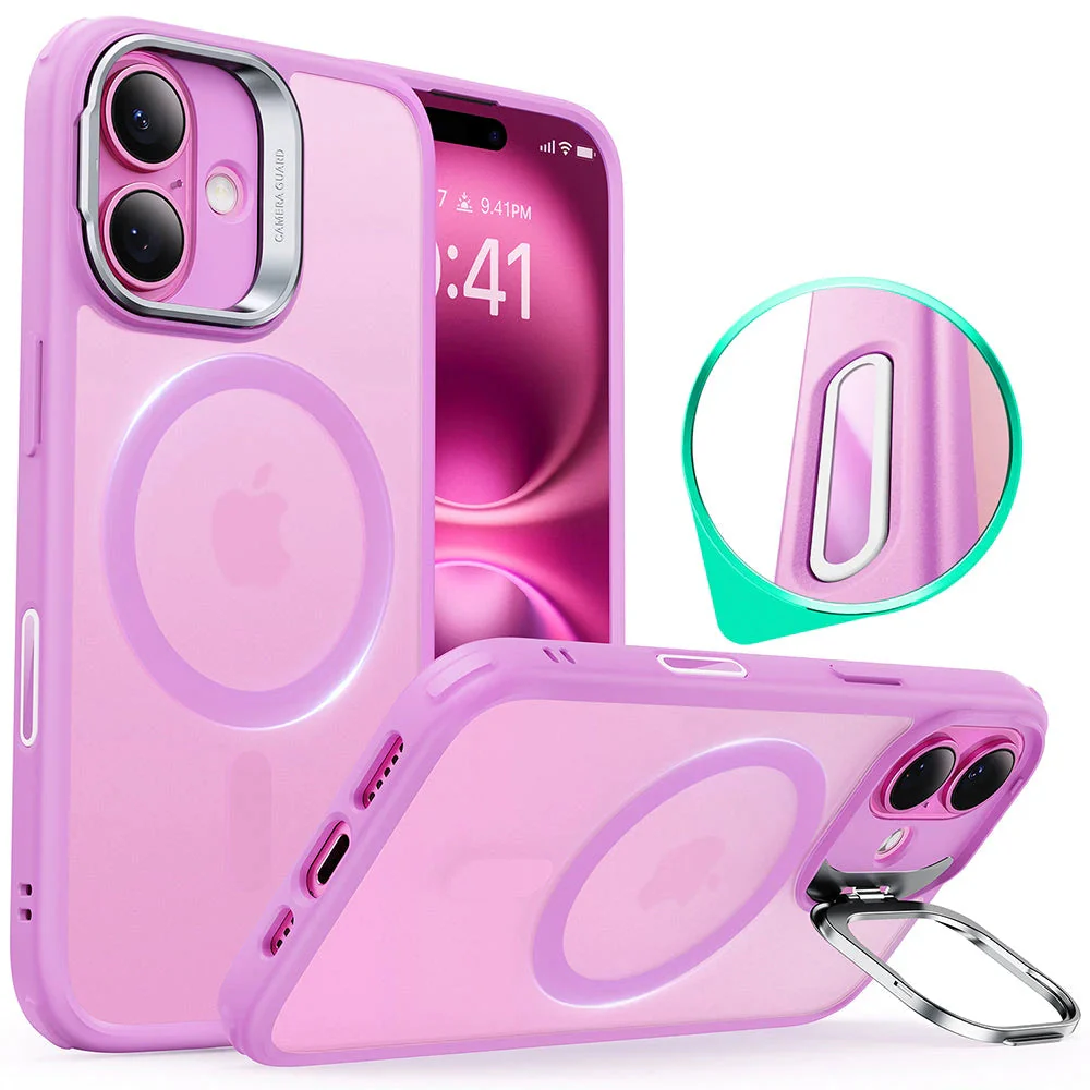 iPhone 16 Classic Hybrid Magnetic Case (Camera Control, Stash Stand) - Frosted Pink