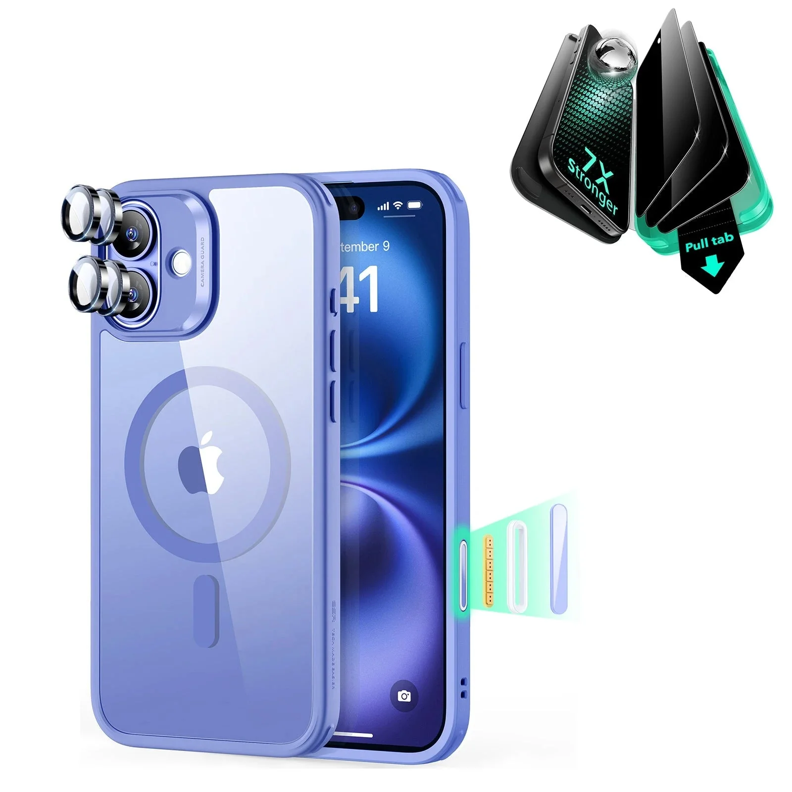 iPhone 16 Plus Classic Hybrid Magnetic Case (Camera Control) & Privacy Screen Protector Bundle - Clear Blue