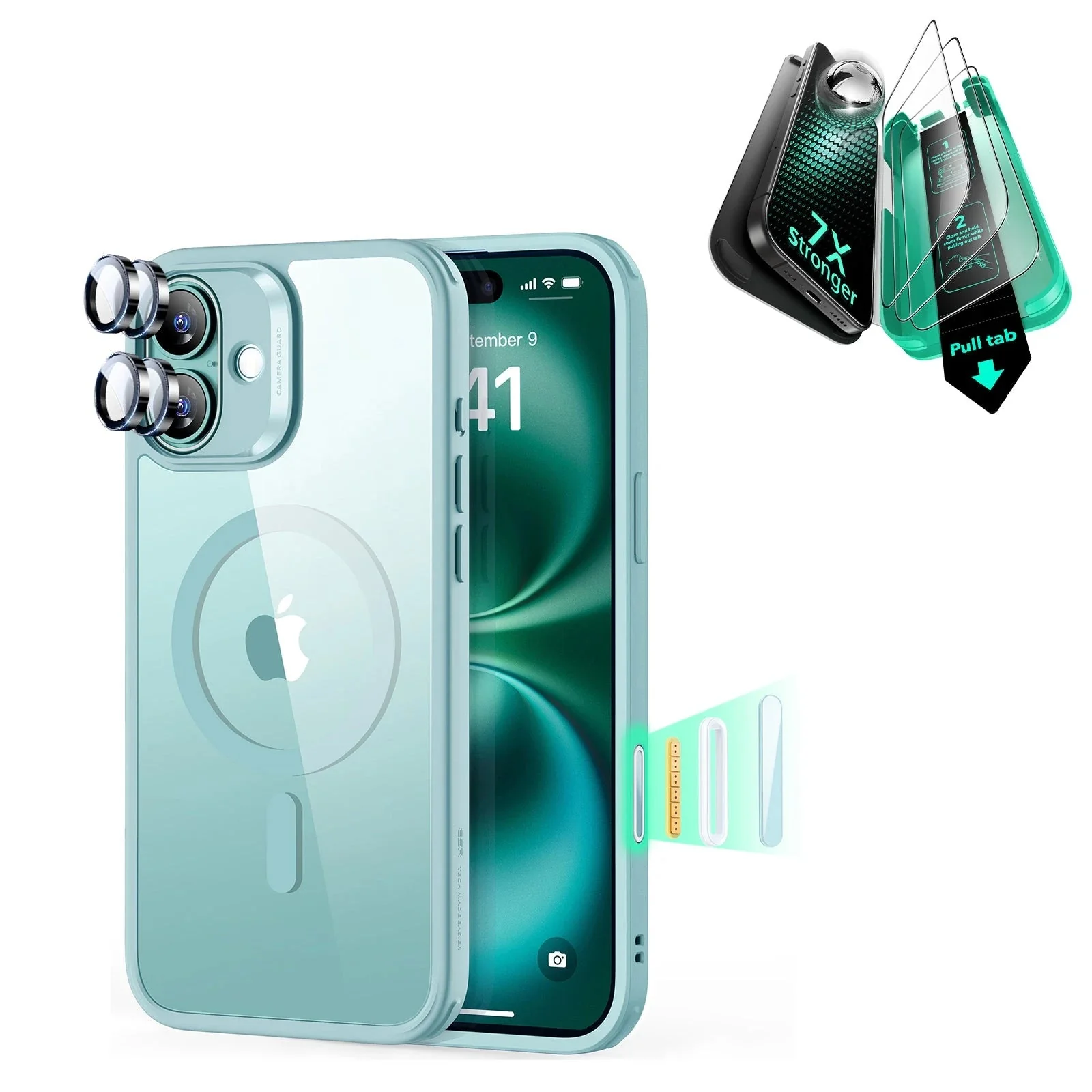 iPhone 16 Plus Classic Hybrid Magnetic Case (Camera Control) & Screen Protection Bundle - Clear Green