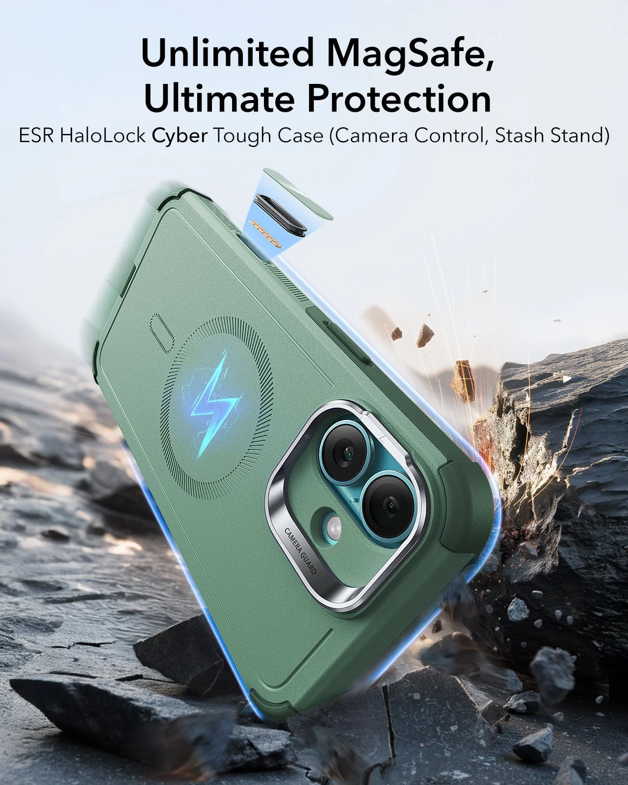 iPhone 16 Plus Cyber Tough Magnetic Case (Camera Control, Stash Stand) - Light Green - Image 2