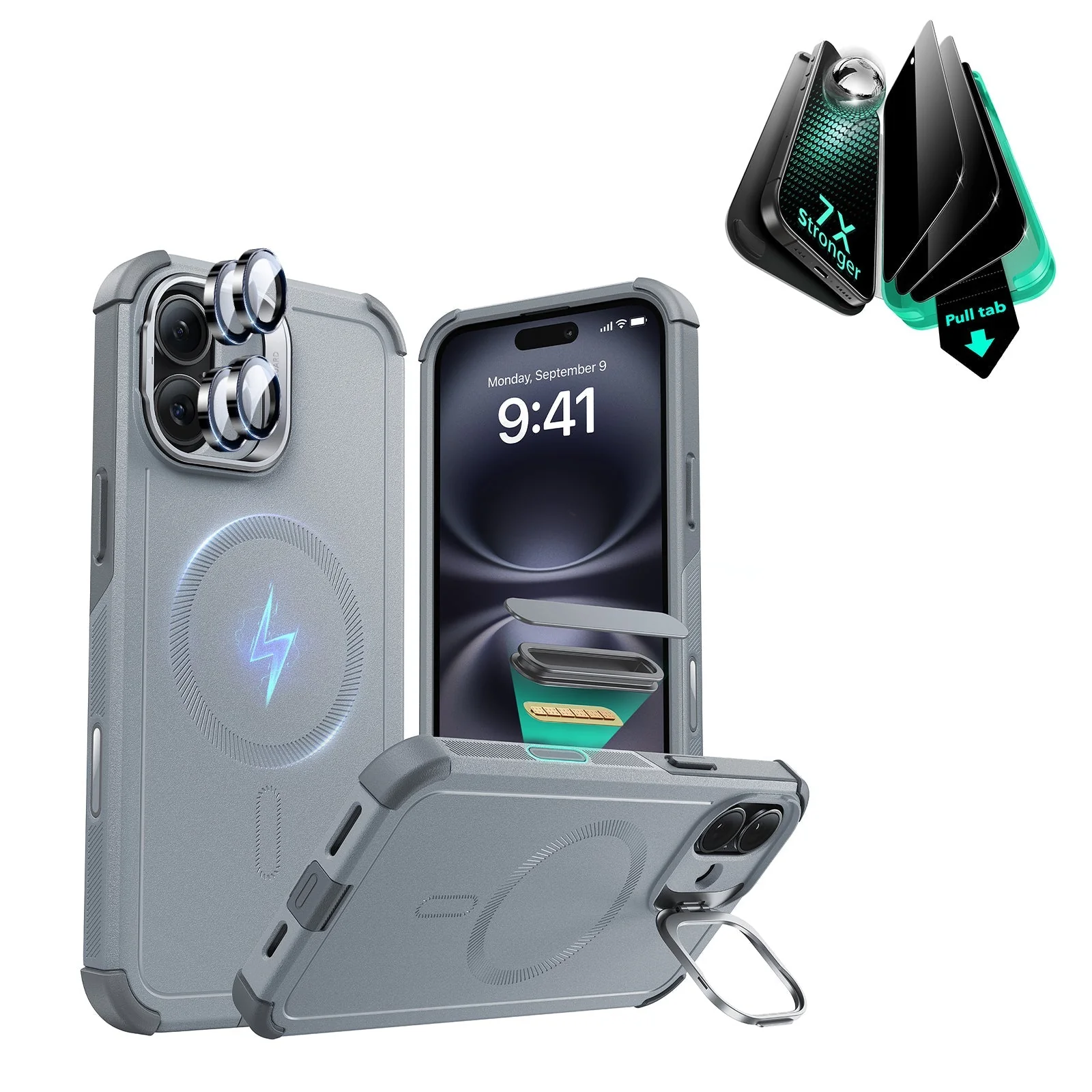 iPhone 16 Plus Cyber Tough Magnetic Case Privacy Protection Bundle (Camera Control, Stash Stand) - Light Grey