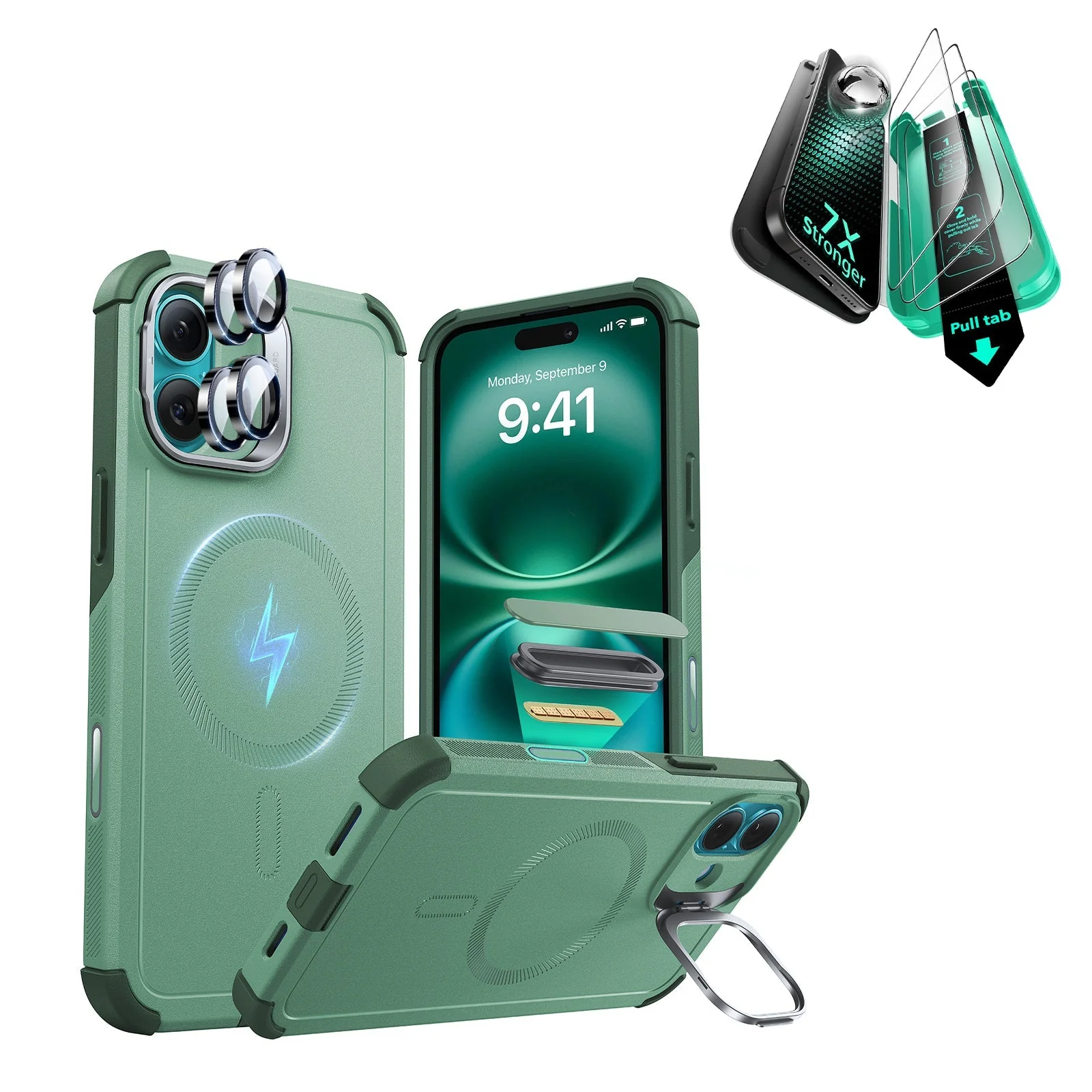 iPhone 16 Plus Cyber Tough Magnetic Case Protection Bundle (Camera Control, Stash Stand) - Light Green