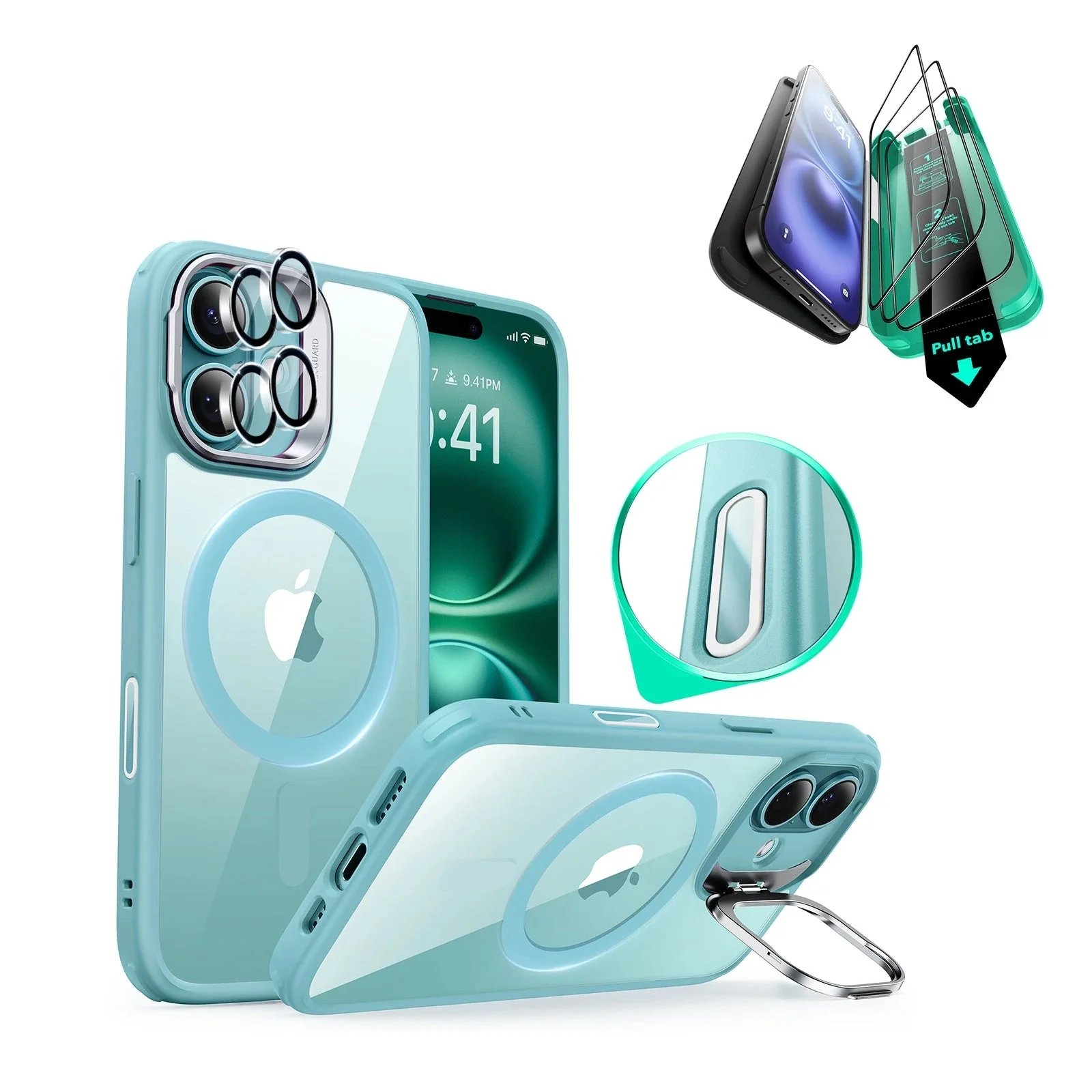 iPhone 16 Plus Classic Hybrid Magnetic Case Protection Bundle (Camera Control, Stash Stand) - Clear Green