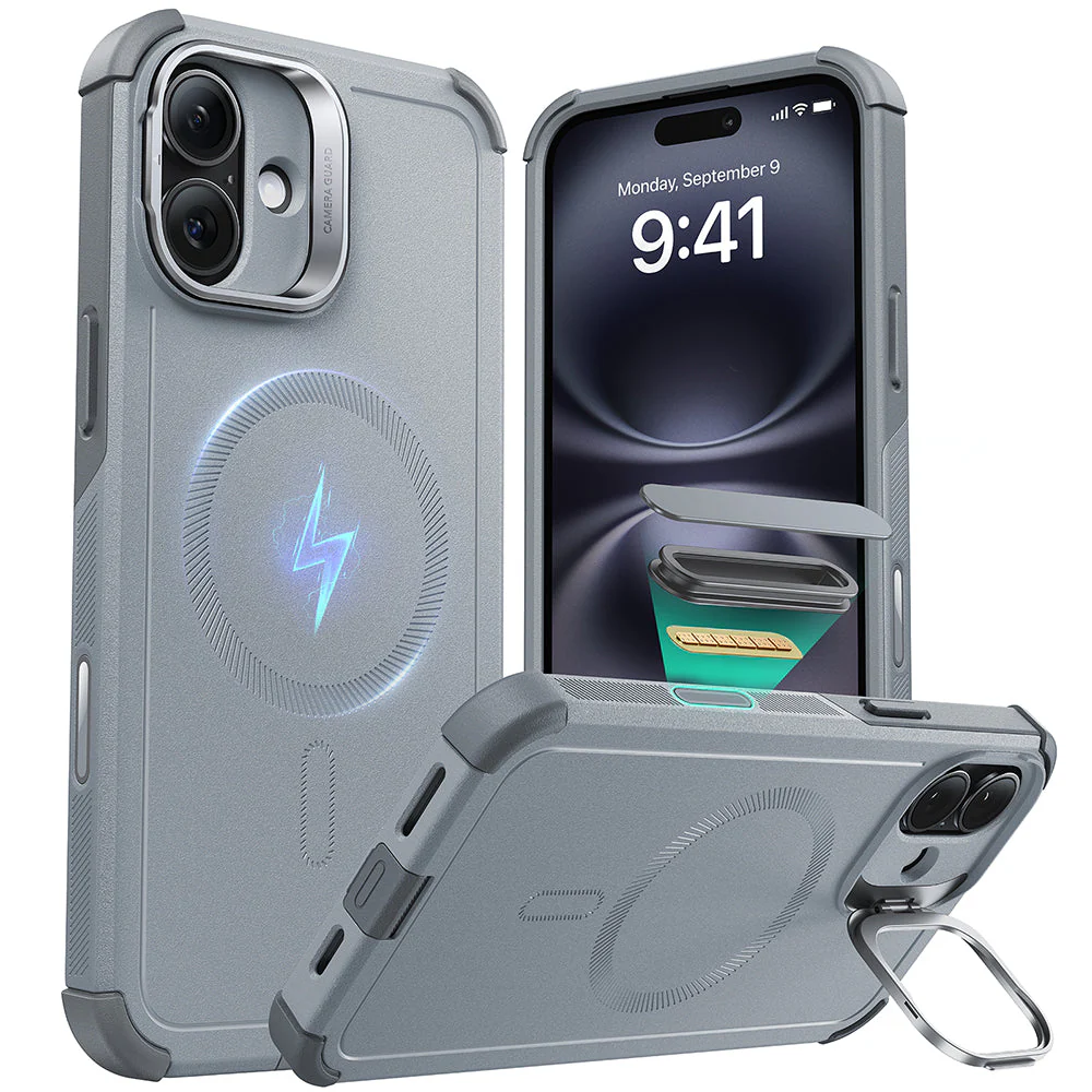 iPhone 16 Plus Cyber Tough Magnetic Case (Camera Control, Stash Stand) - Light Grey