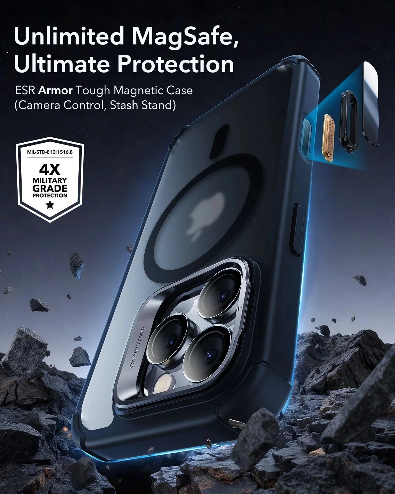 iPhone 16 Pro Armor Tough Magnetic Case (Camera Control, Stash Stand) - Frosted Black - Image 2