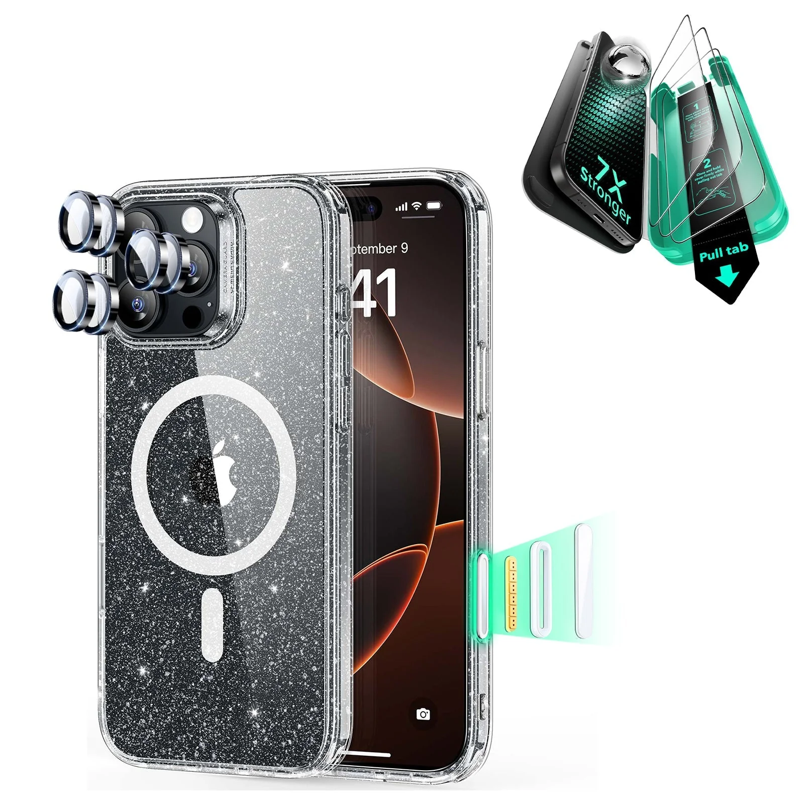 iPhone 16 Pro Classic Hybrid Magnetic Case (Camera Control) & Screen Protection Bundle - Clear Shimmer