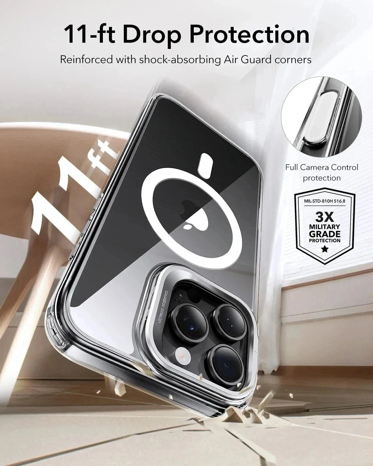 iPhone 16 Pro Classic Hybrid Magnetic Case (Camera Control, Stash Stand) & Privacy Screen Protector Bundle - Clear Black - Image 7