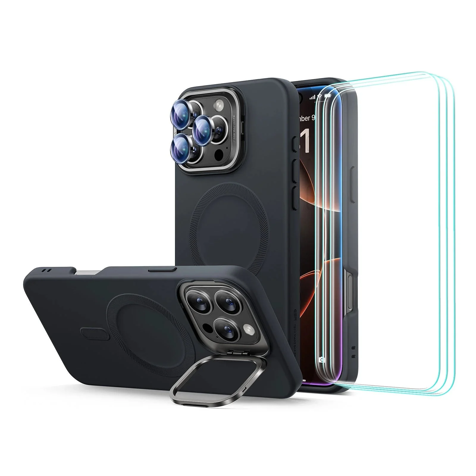 iPhone 16 Pro Cloud Soft Case with Stash Stand Protection Bundle - Black
