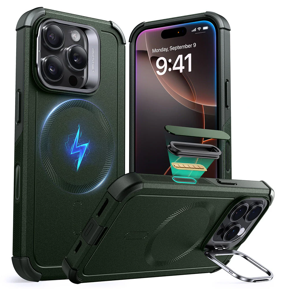 iPhone 16 Pro Cyber Tough Magnetic Case (Camera Control, Stash Stand) - Army Green