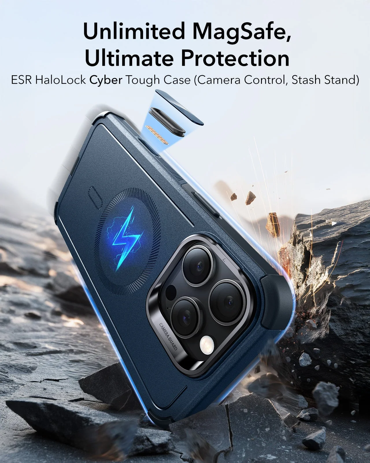 iPhone 16 Pro Cyber Tough Magnetic Case (Camera Control, Stash Stand) - Navy Blue - Image 2