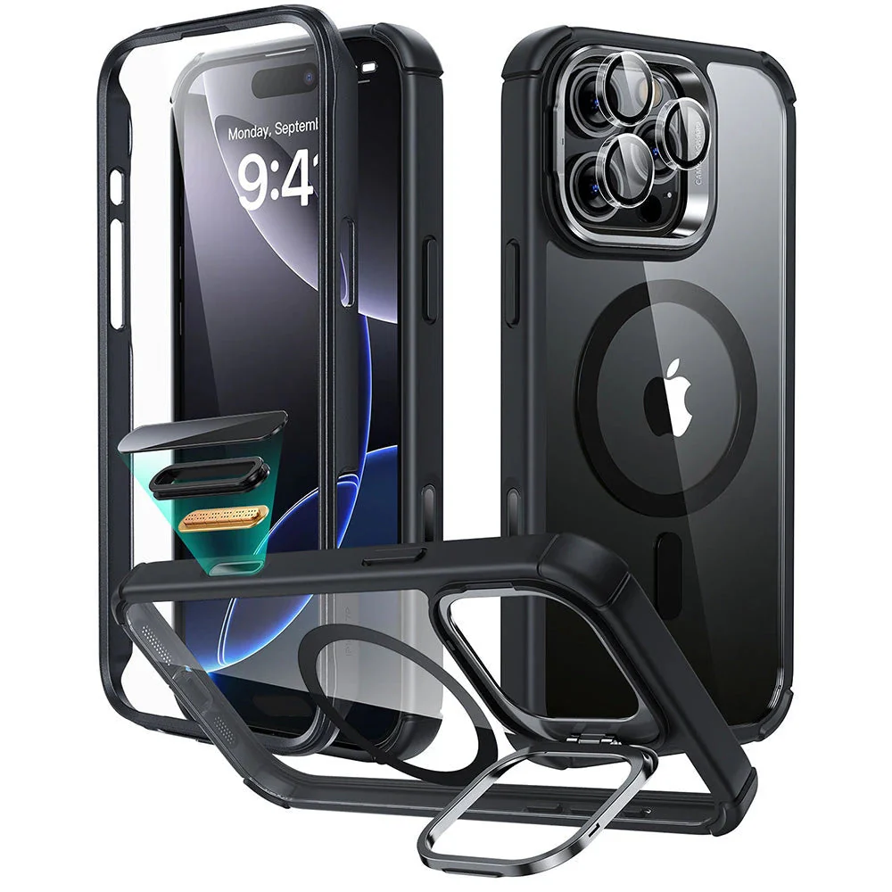 iPhone 16 Pro Max Armor Tough Magnetic Case (Camera Control, Stash Stand) - Clear Black