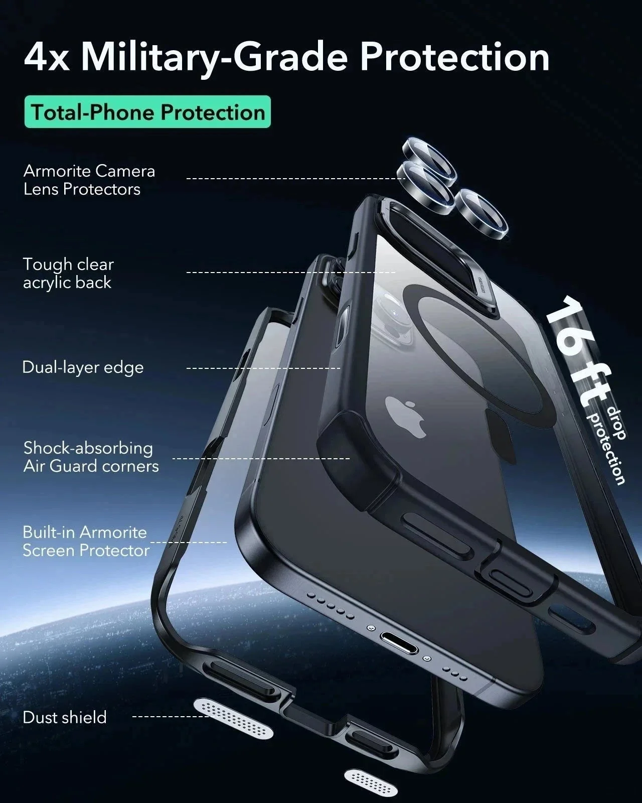 iPhone 16 Pro Max Armor Tough Magnetic Case (Camera Control, Stash Stand) - Clear Black - Image 5