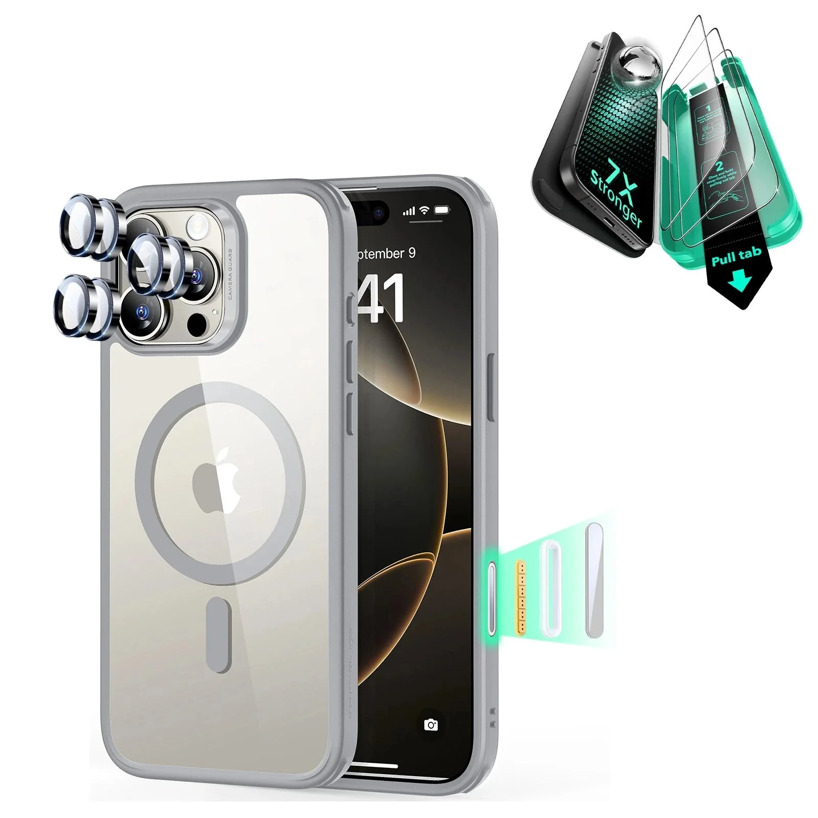 iPhone 16 Pro Max Classic Hybrid Magnetic Case (Camera Control) & Screen Protection Bundle - Clear Grey