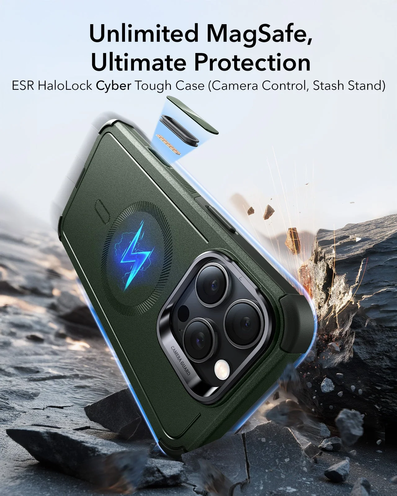 iPhone 16 Pro Max Cyber Tough Magnetic Case (Camera Control, Stash Stand) - Army Green - Image 2