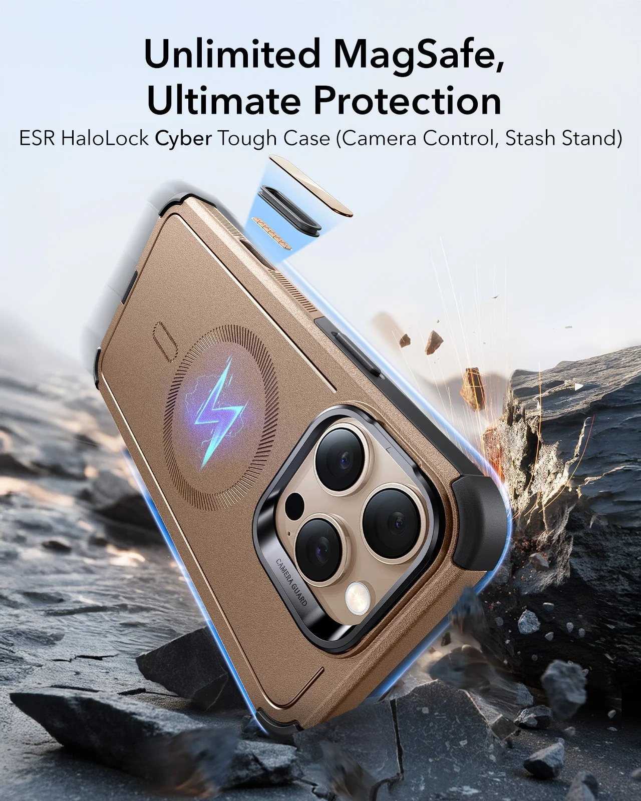iPhone 16 Pro Max Cyber Tough Magnetic Case (Camera Control, Stash Stand) - Desert Titanium - Image 2