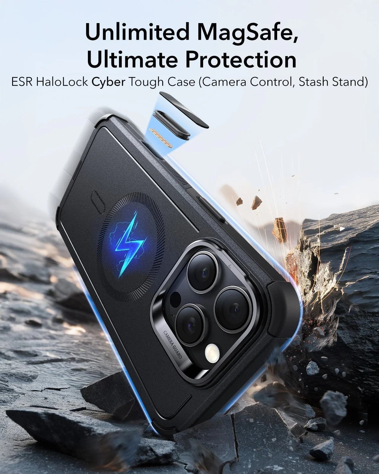 iPhone 16 Pro Max Cyber Tough Magnetic Case Privacy Protection Bundle (Camera Control, Stash Stand) - Desert Titanium - Image 3